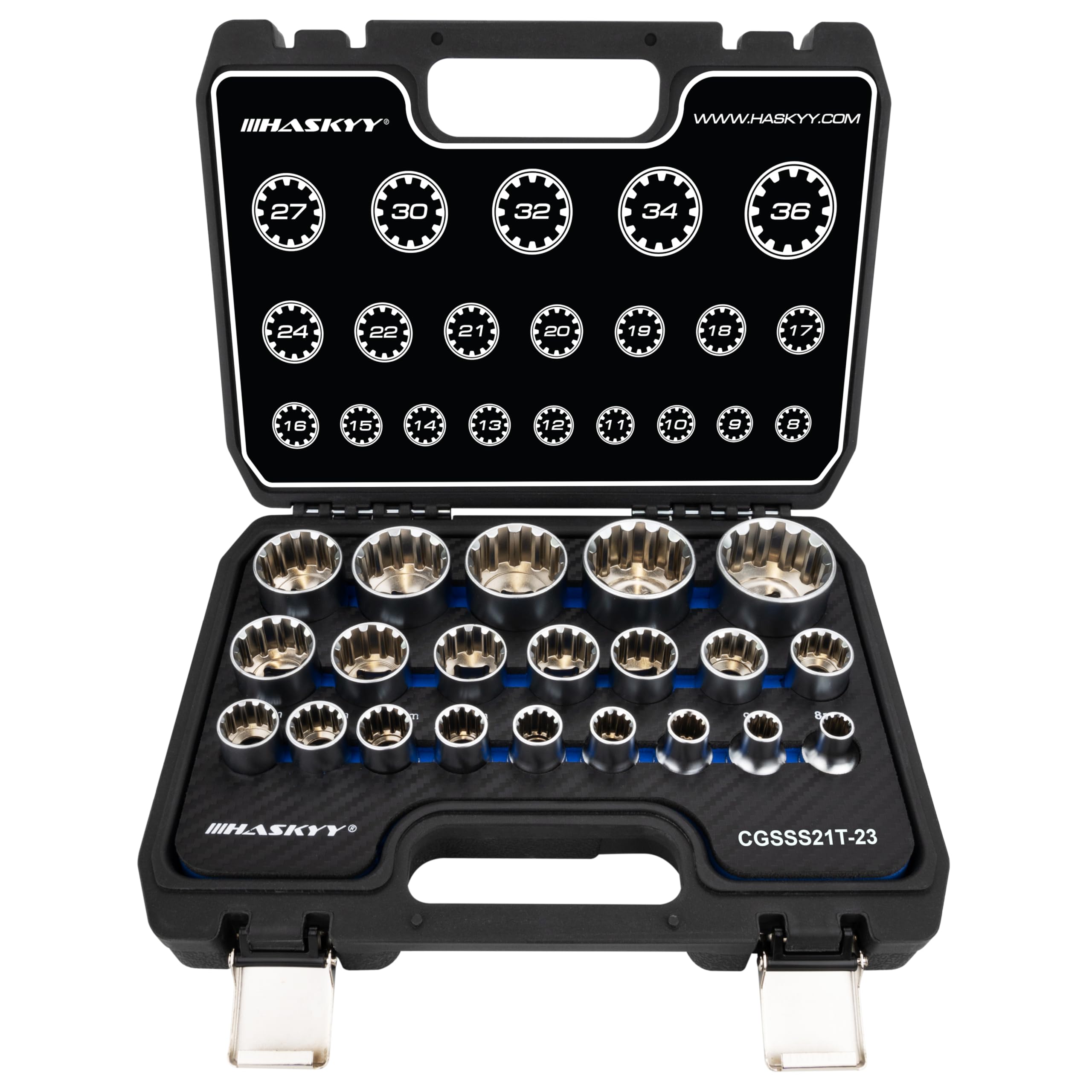 HASKYY Jeu de clés à douille à denture multiple Douilles 1/2" XZN Écrou 21 pcs. Jeu d'outils 8-36mm Denture multiple extérieure 12 pans - 6 pans
