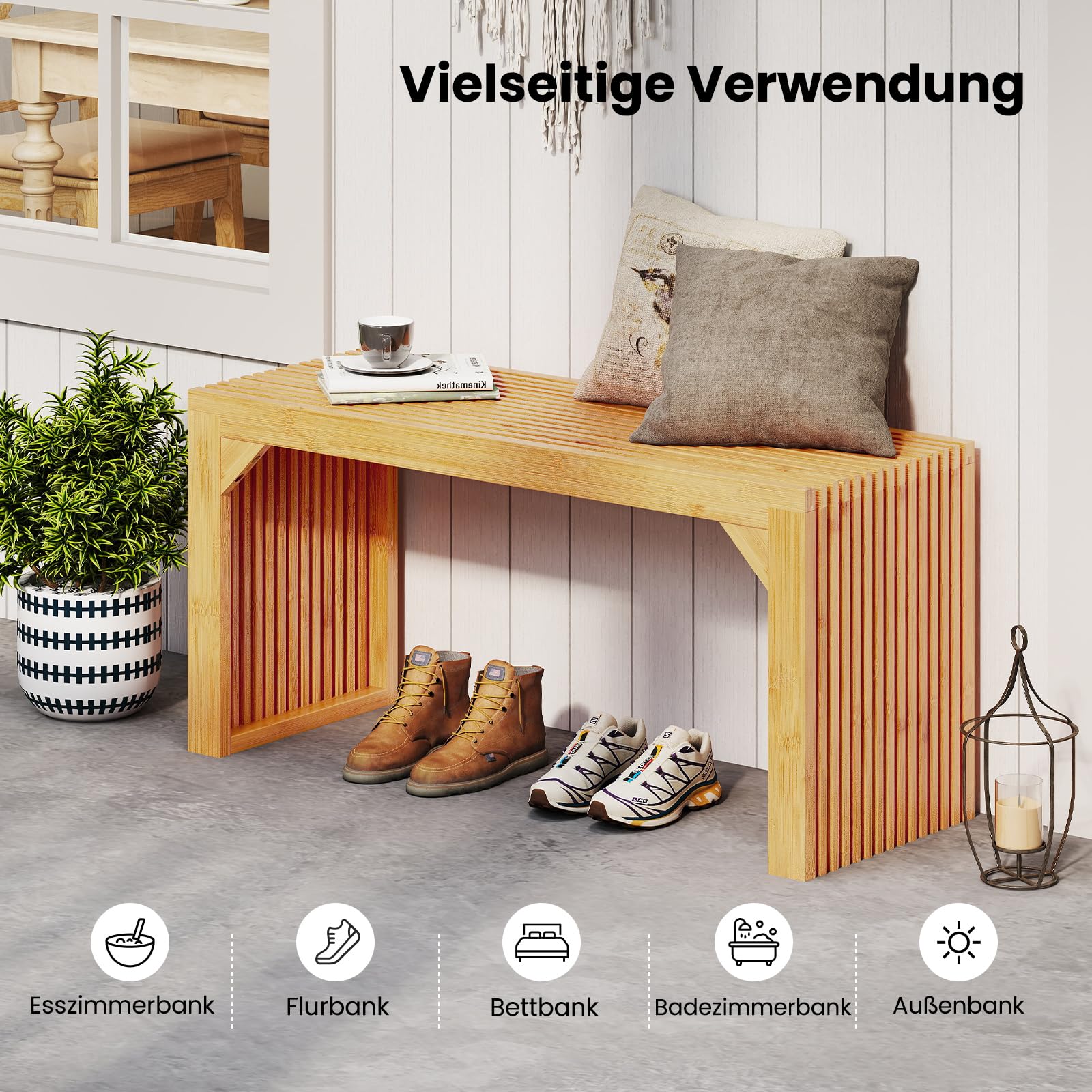 COSTWAY Sitzbank aus Bambus, Schuhbank ohne Lehne, Blumenbank, Bettbank, Garderobenbank, Holzbank für Flur, Esszimmer, Schlafzimmer, 90 x 33 x 43 cm