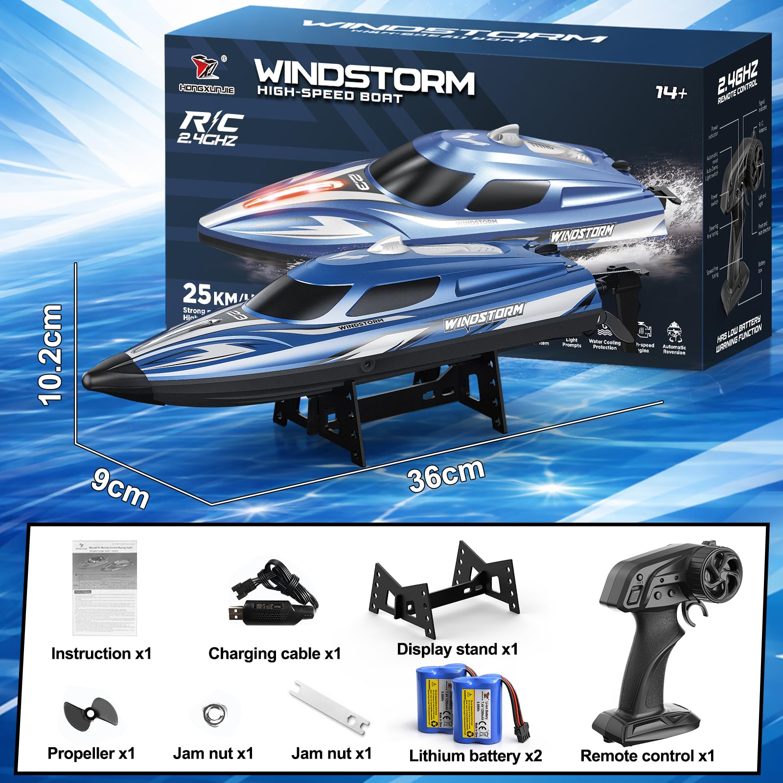 YESHIN Bateau Radiocommandé 25 km/h, 2,4 GHz avec lumières LED, 2 Piles, étanche et Anti-chavenir, Distance de Fonctionnement de 150 m, Convient pour Piscine et Lacs, Cadeau pour Enfants de 8 Ans et
