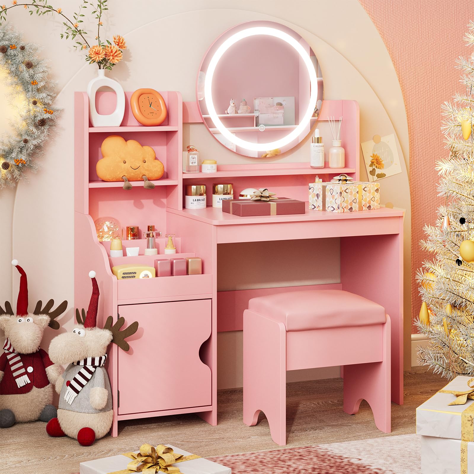 vabches kids vanity with lights princess makeup vanity desk with open bookshelf storage cabinet amp shelves toddler vanity table and chair set pretend play vanity set for little girls pink