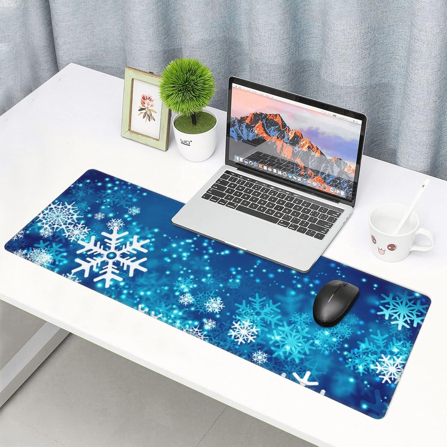 Famame Laptop Mouse Pad Christmas Abstract Winter Snowflakes Desk Mat with Stitched Edges 31.5X 11.8 inch Non-Slip Large Keyboard Rubber Writing Table Mat for Office Home - Image 6