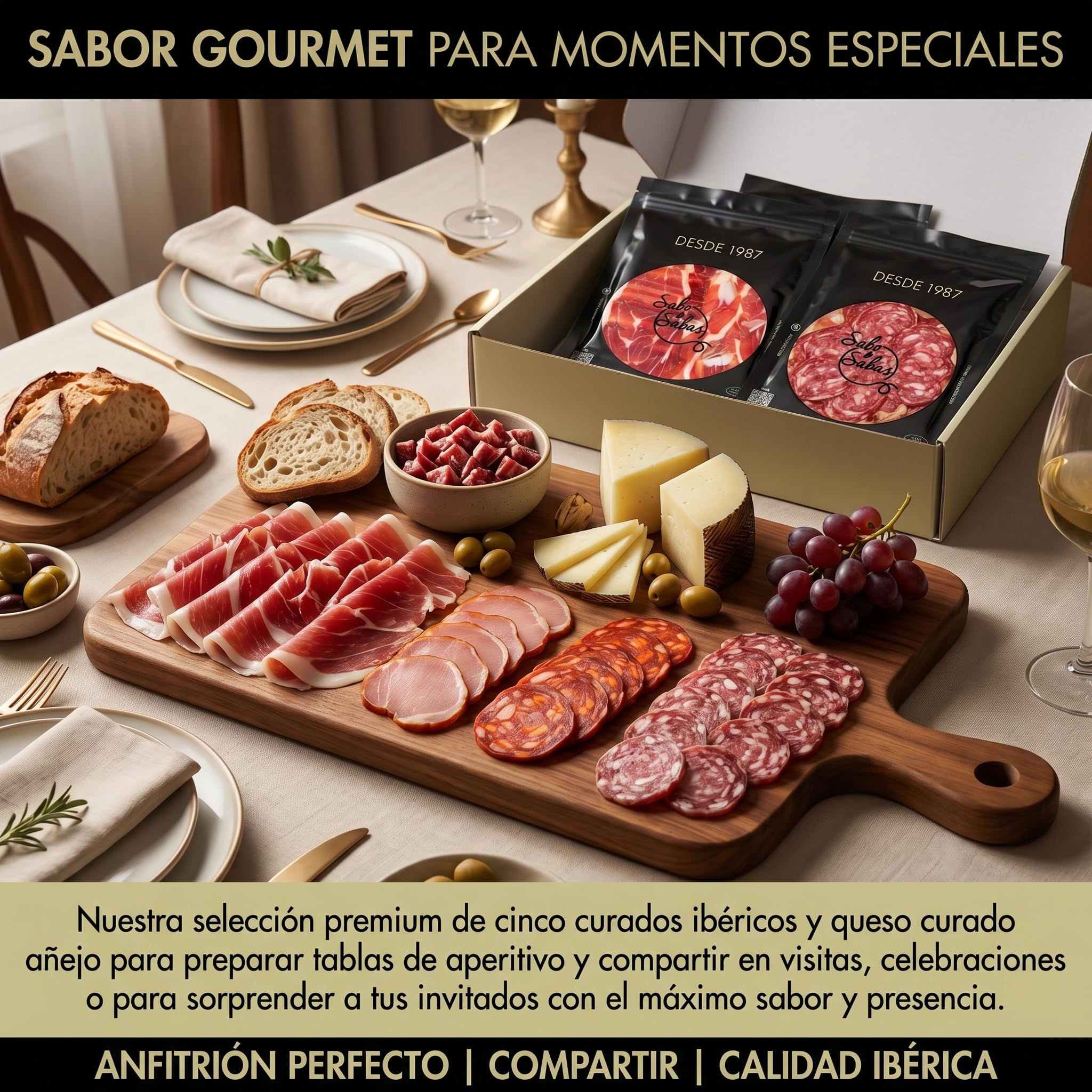 SABE A SABAS Cesta de ibéricos 4 sobre de jamón ibérico 4 de salchichón 4 de chorizo 4 de lomo 2 sobre de taquito iberico 4 sobres cortados a tapitas queso Curado de Oveja todos de 100 gr