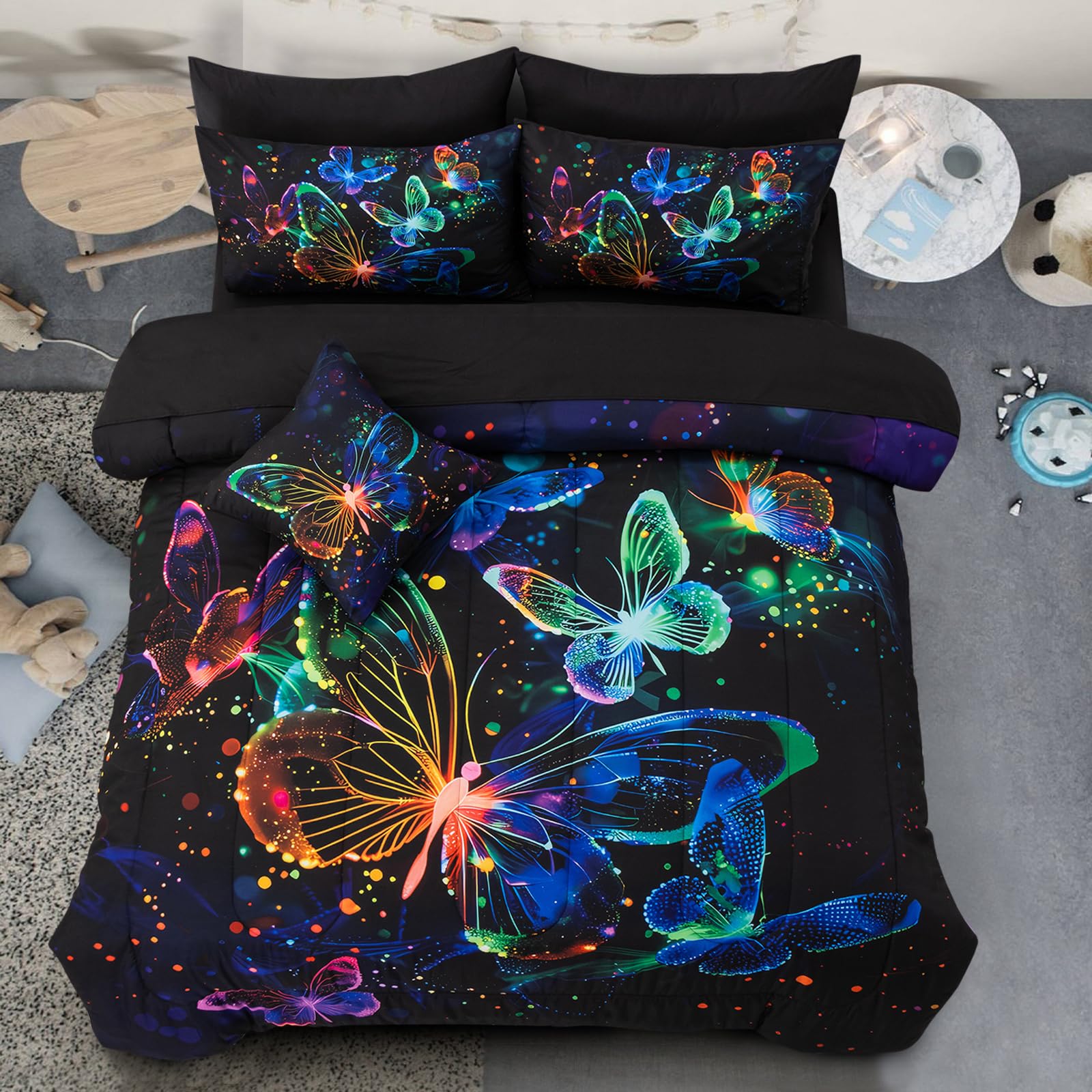 A Nice Night Galaxy Bedding Sets,3D Butterfly Flying in Space Printed,Like Glitter Butterflies 6pcs Bed in a Bag Queen Comforter Set, for Girls Boys