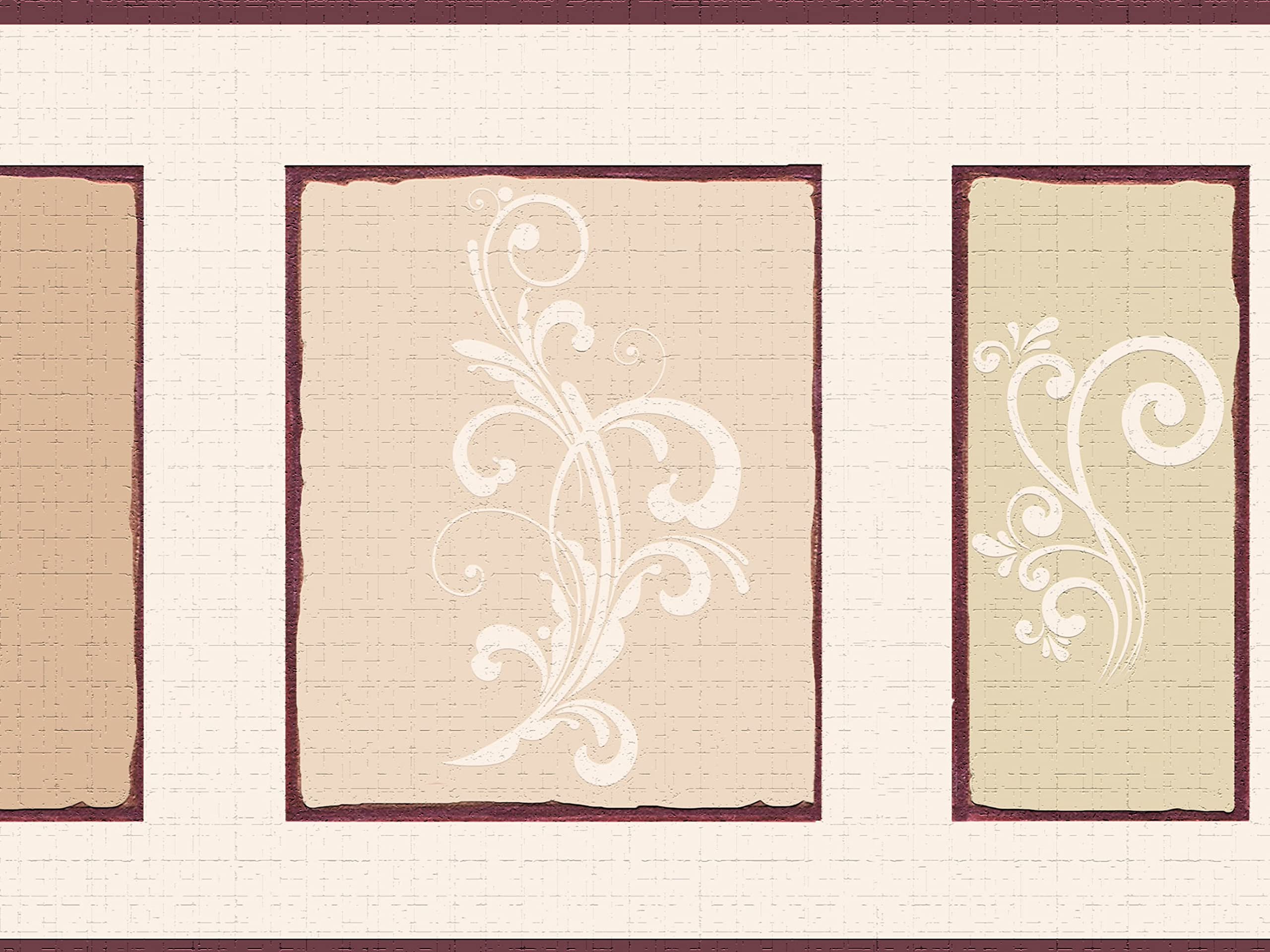 Dundee Deco Beige,Burgundy Wallpaper Border Peel And Stick Ddazbd9258 Damask Burgundy Beige Scrolls Wall Border Retro Design, 15 Ft X 7 In (4.57M X 17.78Cm), Self Adhesive