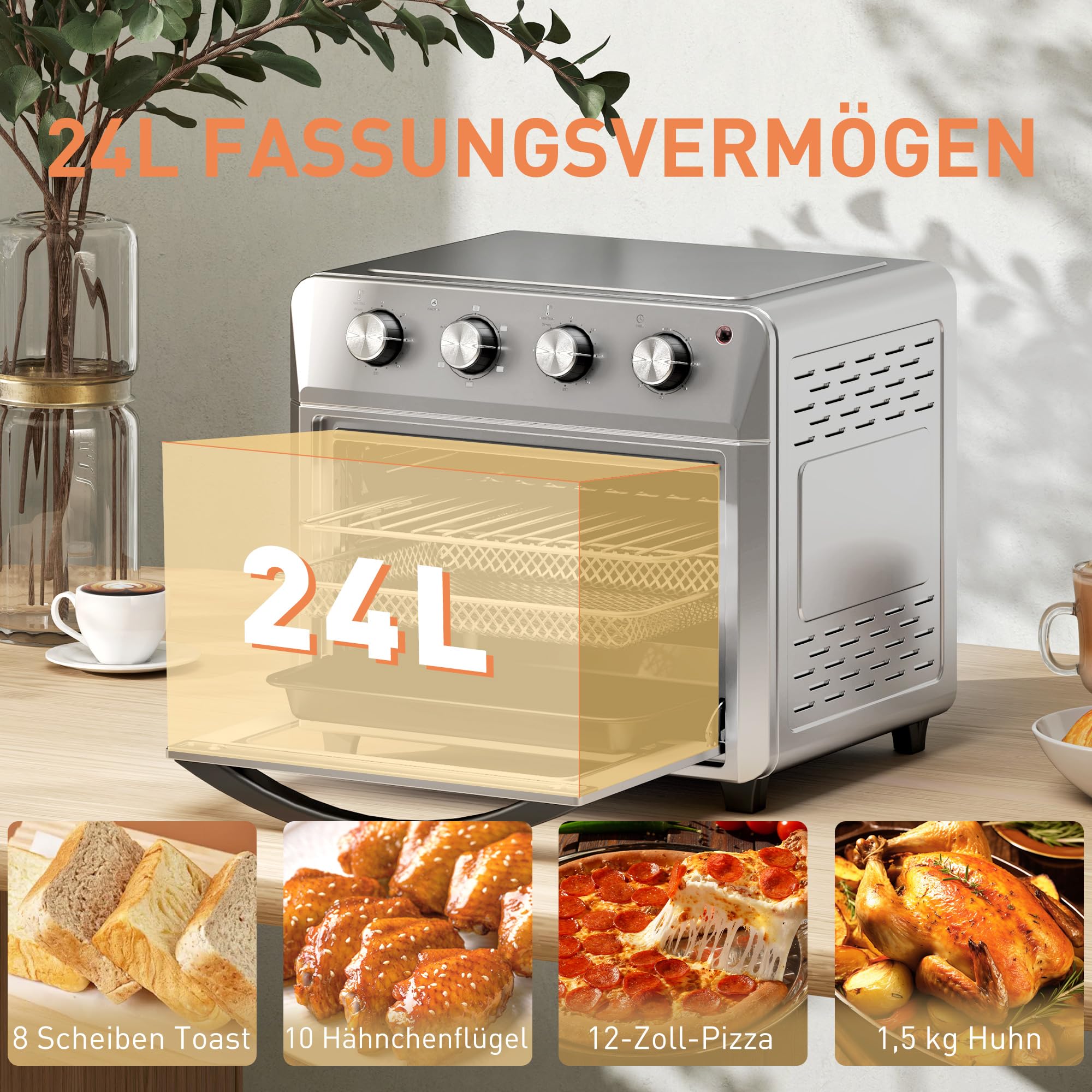 HOMCOM Mini forno a convezione 24 L 1600W 90-230℃ Forno ad aria calda con timer da 60 minuti, friggitrice ad aria calda con teglia e griglia, mini forno con illuminazione interna, argento
