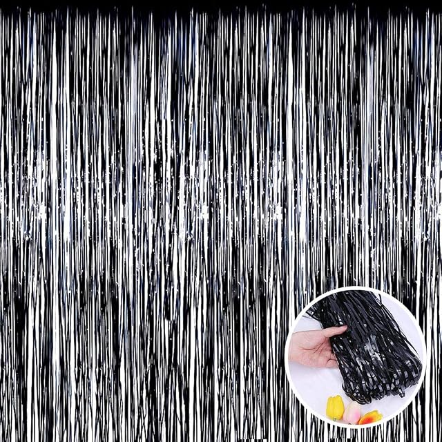 GAKA FAVOR Black Tinsel Party Decorations Foil Fringe Curtain, 1x3m Sparkle Metallic Streamers for Birthday Party Wedding Backdrop-2Pcs