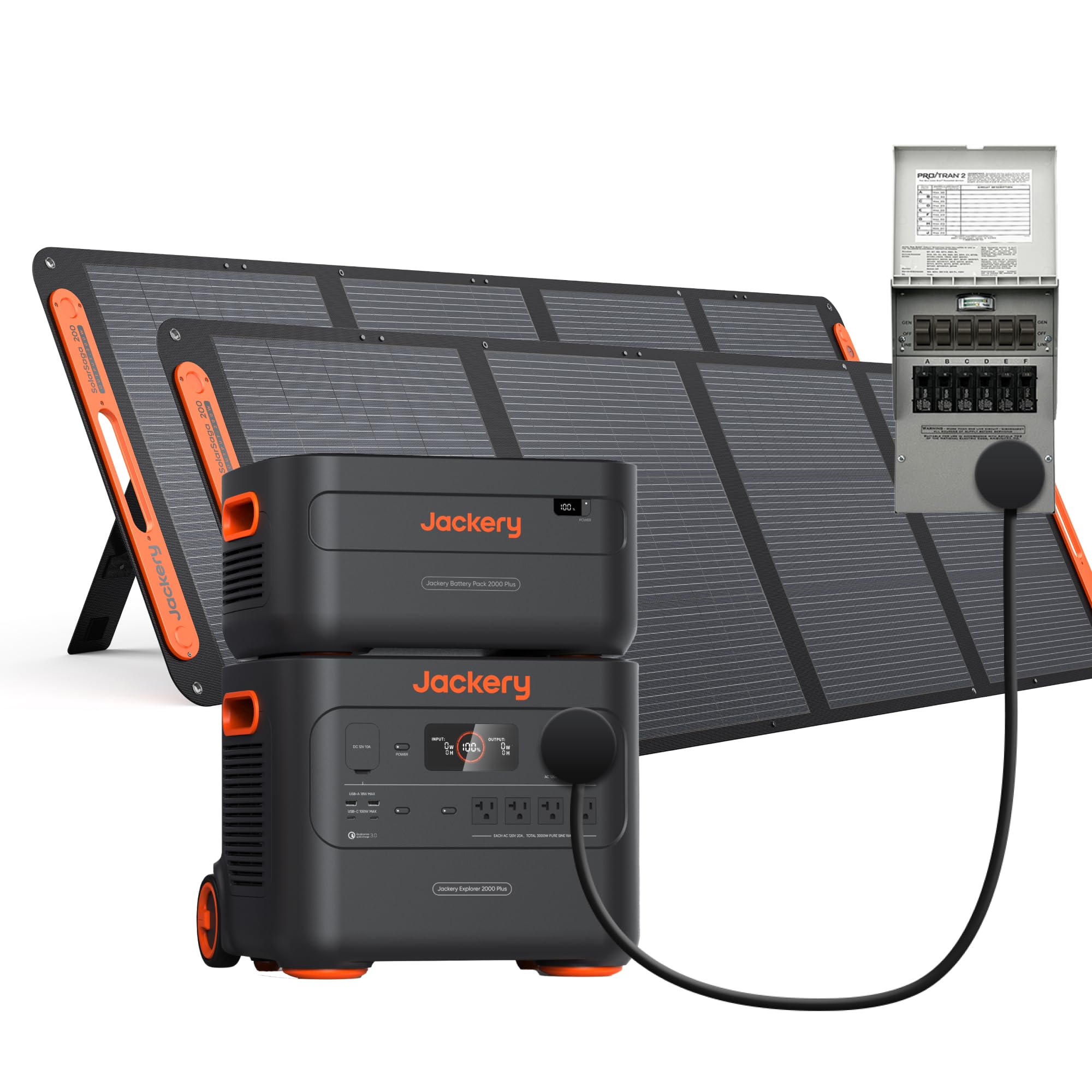 Jackery Explorer 2000 Plus + Manual Transfer Switch,Home Backup Power System, Fast-Charging Portable Power Station with 2 * 200W Solar Panels, LiFePO4 Expandable Battery Packs