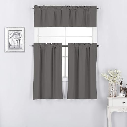 Miniatura 9 de Diamond Home Linens Juego de 3 cortinas y cenefa con forro térmico 100% opaco (niveles de 36 pulgadas y cenefa de 14 pulgadas, amarillo)