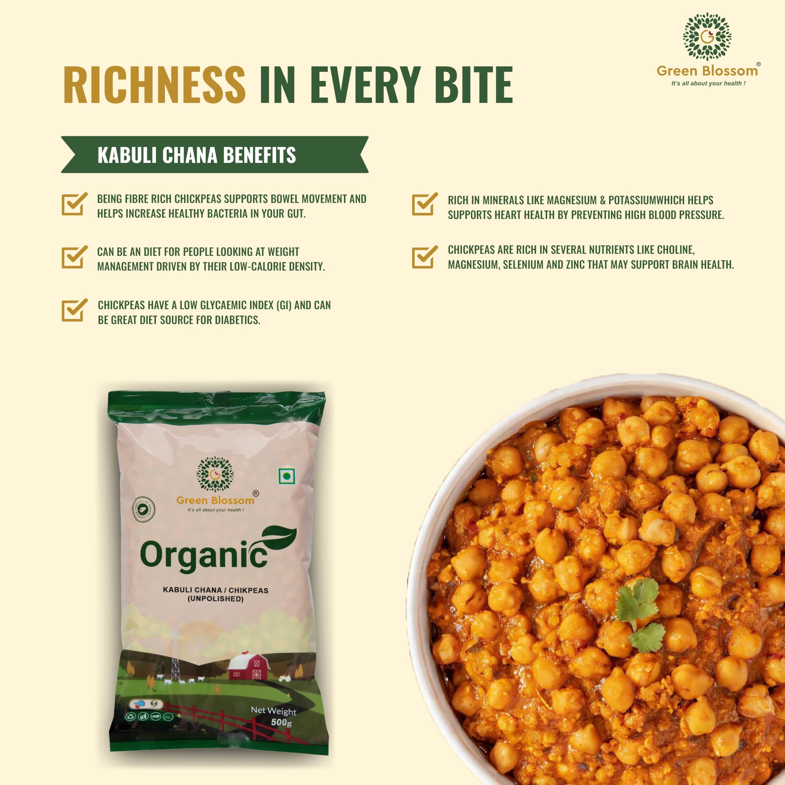 Green Blossom Organic Kabuli chana/Begalgram whole - 2.5 Kg Unpolished 100% Vegan (500g Pack Of 5) 2
