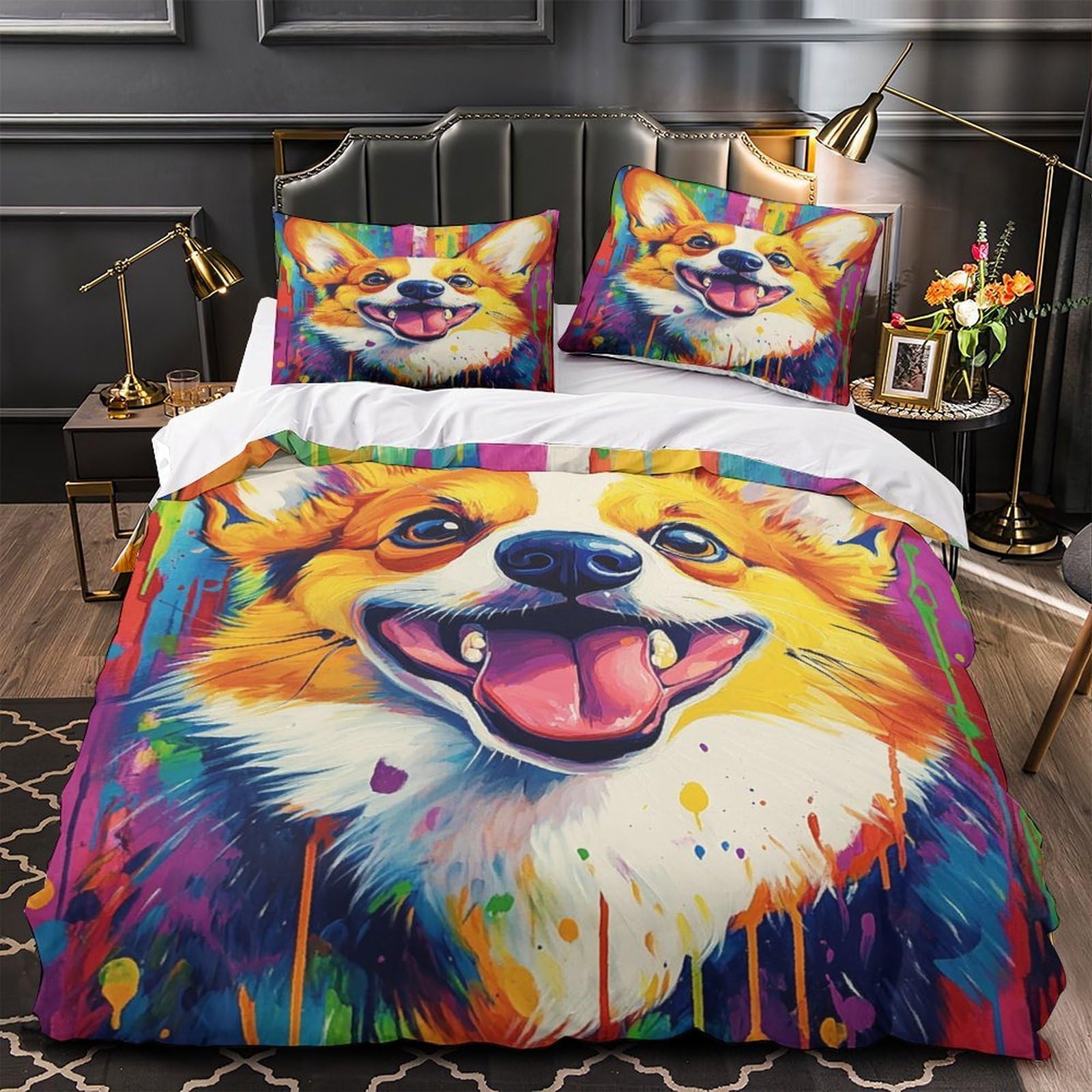 Housse de couette Corgi 3D microfibre drap de couette 140x200 parure de lit enfant 3 pièces