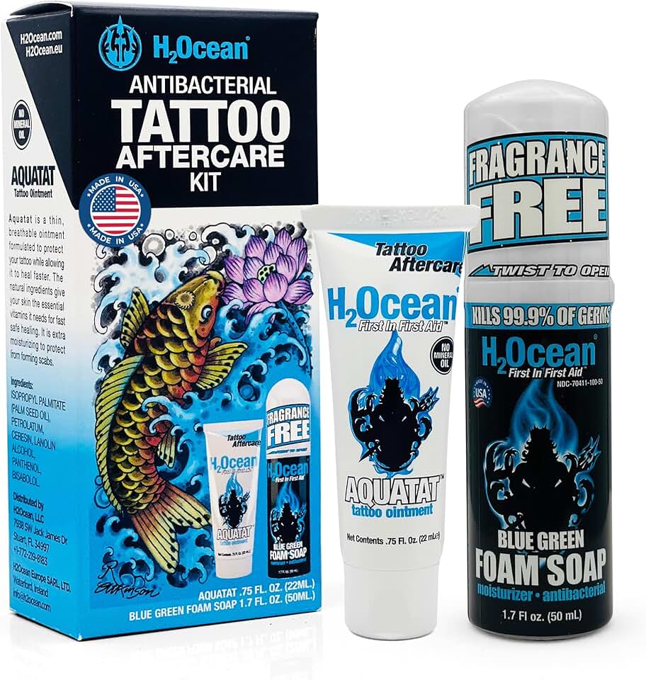 H2Ocean Antibacterial Tattoo Aftercare Kit-Blue Green Foam Soap(1.7 oz)&Aquatat Healing Ointment(0.75 oz)-For New & Old Tattoos-Moisturizing Natural Aloe Vera-Fragrance & Dye-Free Made in USA