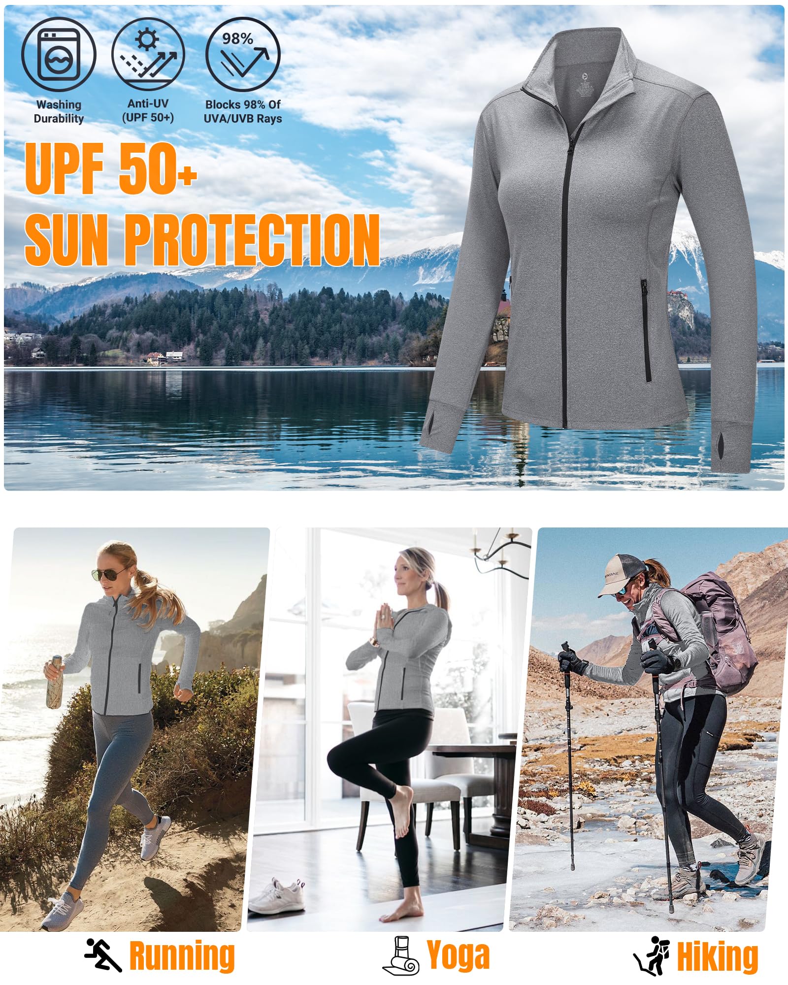 Outdoor Ventures Damen Laufjacke Stehkragen Sportjacke Langarm Trainingsjacke Leicht Atmungsaktive Trainingsanzug Sweatjacke Ohne Kapuze mit Daumenloch und Tasche Für Laufen Yoga Fitness