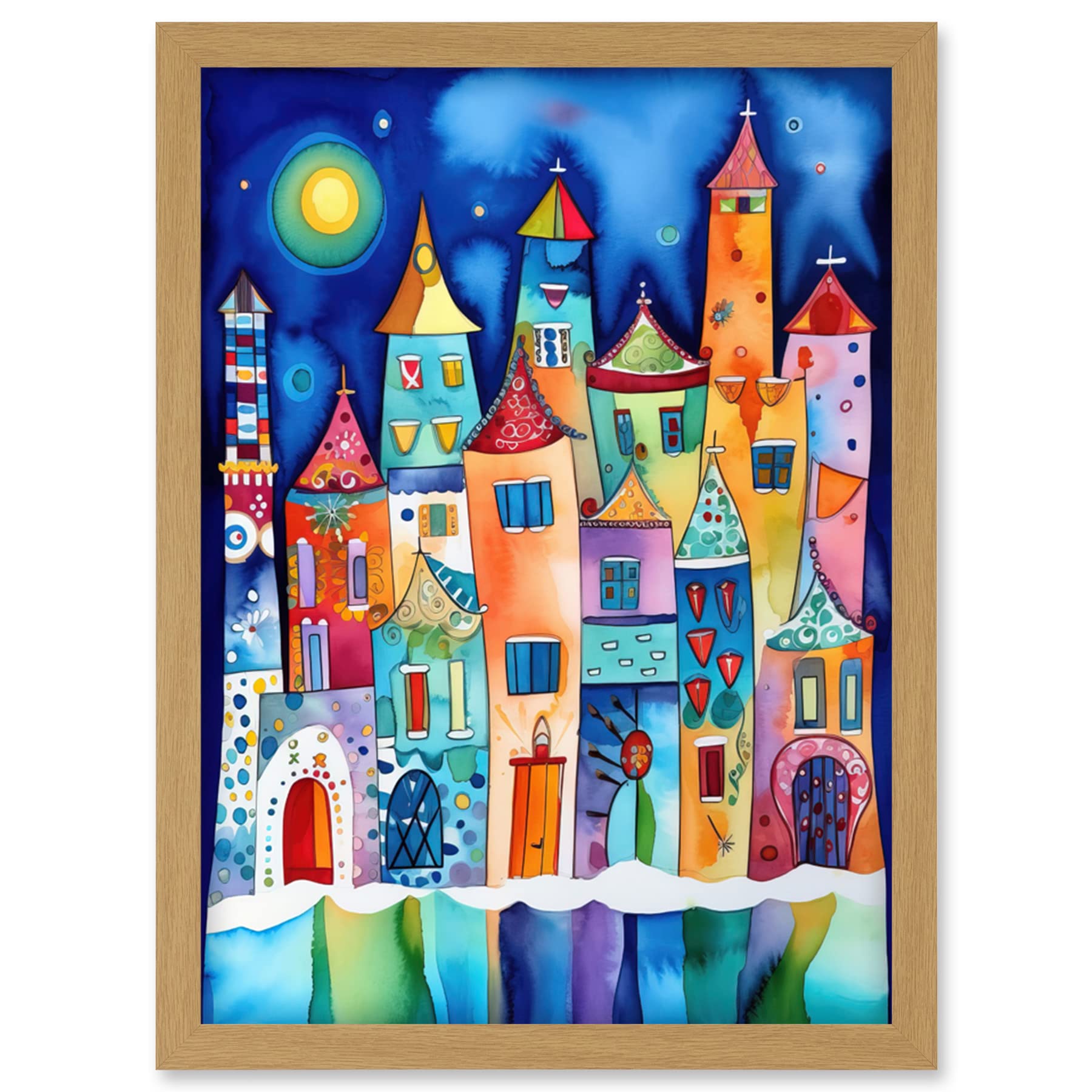 Artery8 Midnight Abstract Town Folk Art Artwork Framed Wall Art Print A4