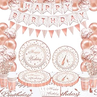 120 Pack Rose Gold Party Supplies Rose Gold & White Party Decorations Girls Birthday Decorations Rose Gold Tableware Set Rose Gold Paper Plates, Cups, Banner, Tablecloth, Balloons Serves 20