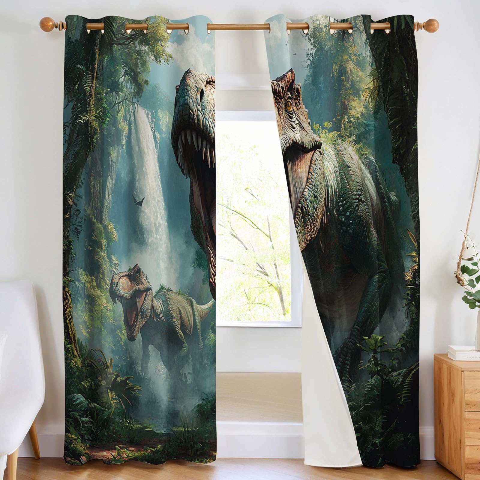 Rideaux Thermiques Animaux Dinosaures Lot de 2 Occultants Phoniques et Anti Froid avec Œillets Vert pour Chambre et Salon 140L X 245H cm
