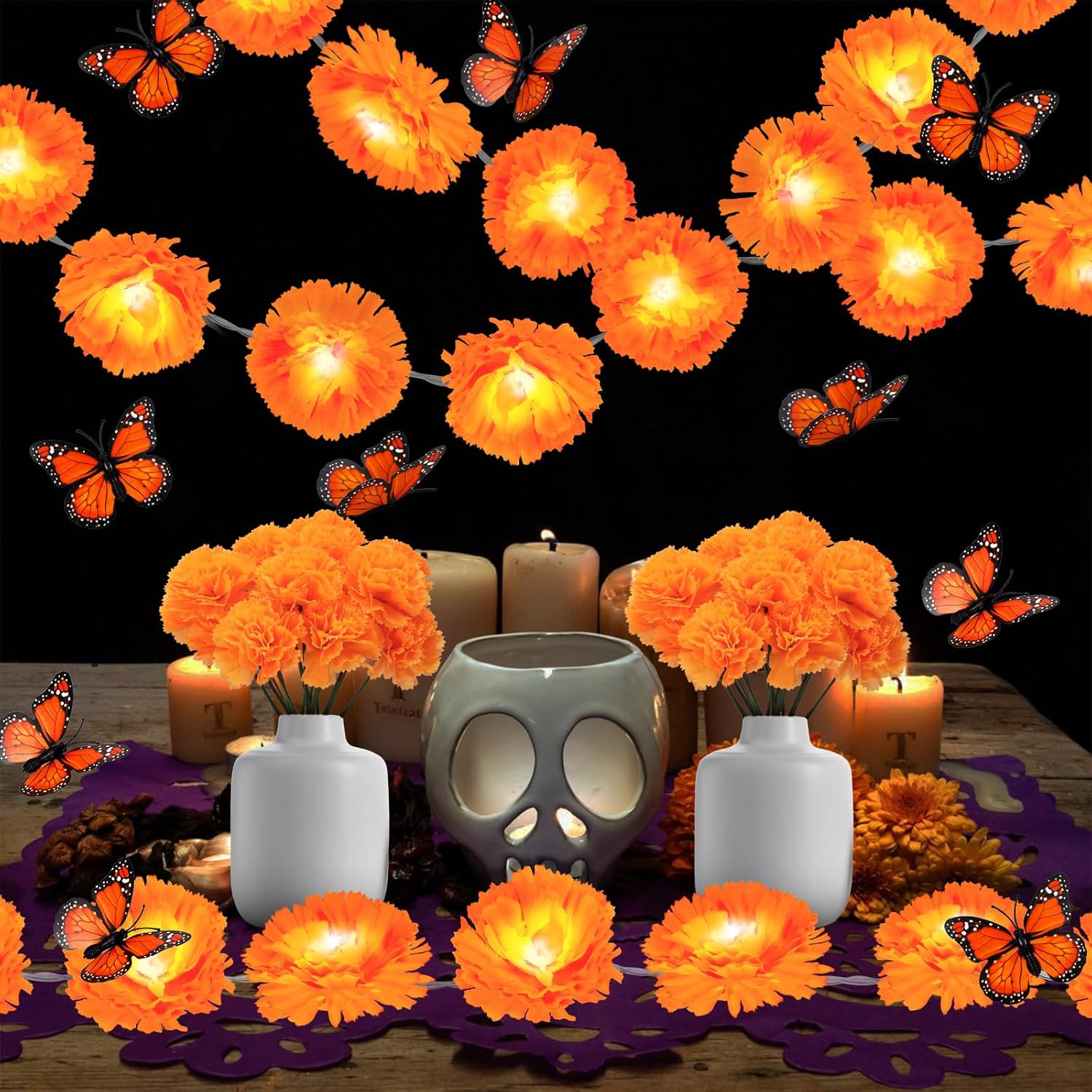 44Pcs Day of The Dead Decorations 2PCS 6.5ft Lighted Marigold Garland,30PCS Artificial Marigold Flowers with Stem,12PCS Butterfly,Dia de Los Muertos Decorations for Halloween Diwali Indian Party