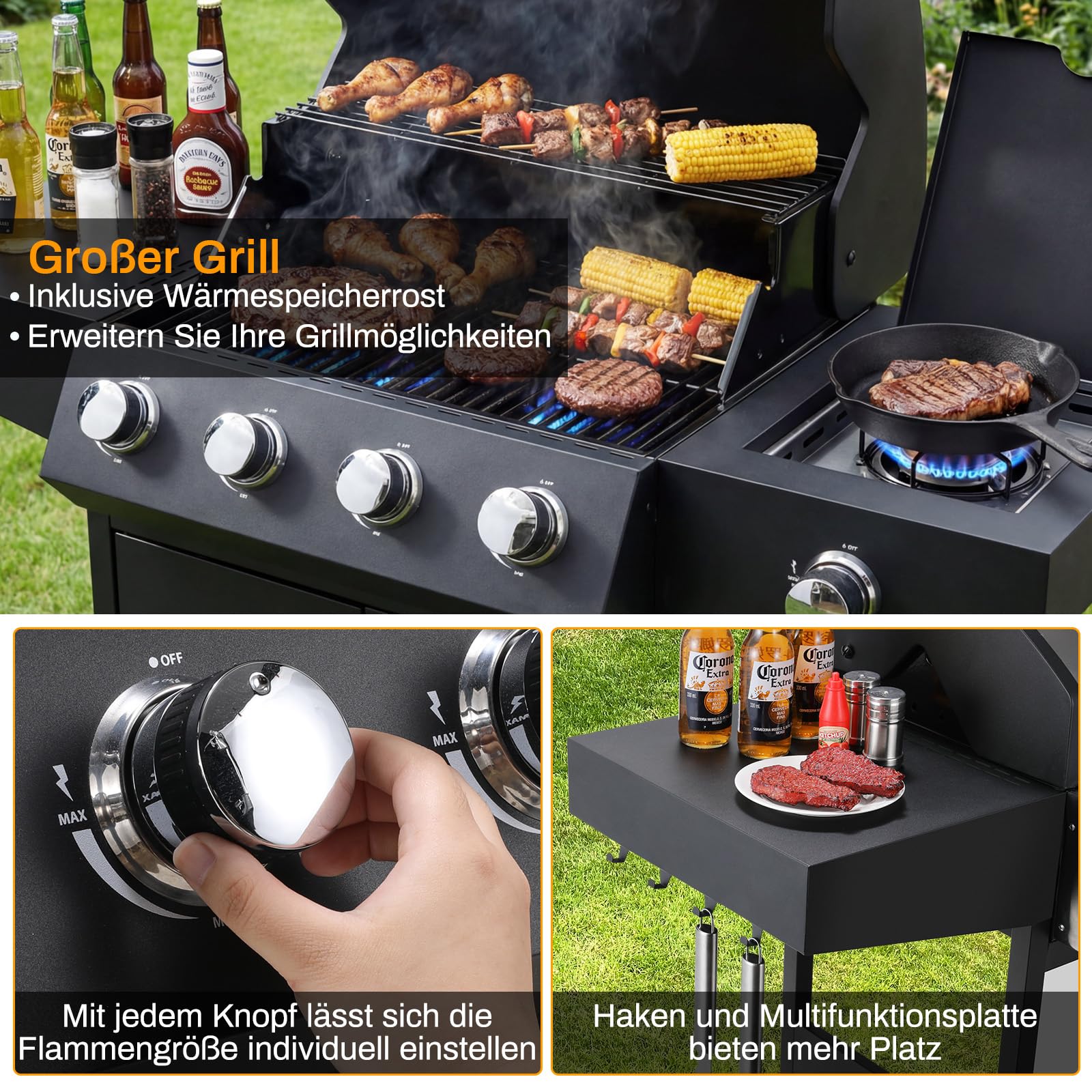 LIFERUN Gasgrill 4+1 Edelstahl Brenner,15 kw Gas Grillwagen BBQ mit Seitenkochfeld,Gasgriller mit Thermometer,4 PCS Bremse Rollen,DE I3B/P(50) Gasdruckregler,Standgrill Camping Garten(Butan/Propan)