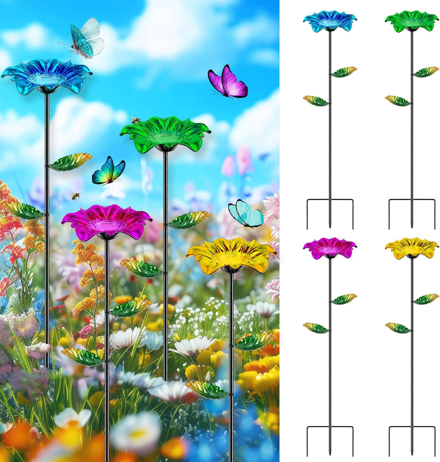 HUFAND 4 Pack Bee Watering Station, 5.5*27.5inch Metal Bee Bath for Garden with Triangular Ground Stake & Leaf-Shaped Cup, Colorful Flower Bee Feeder for Outdoor Decor (Rose Red, Green, Yellow, Blue)