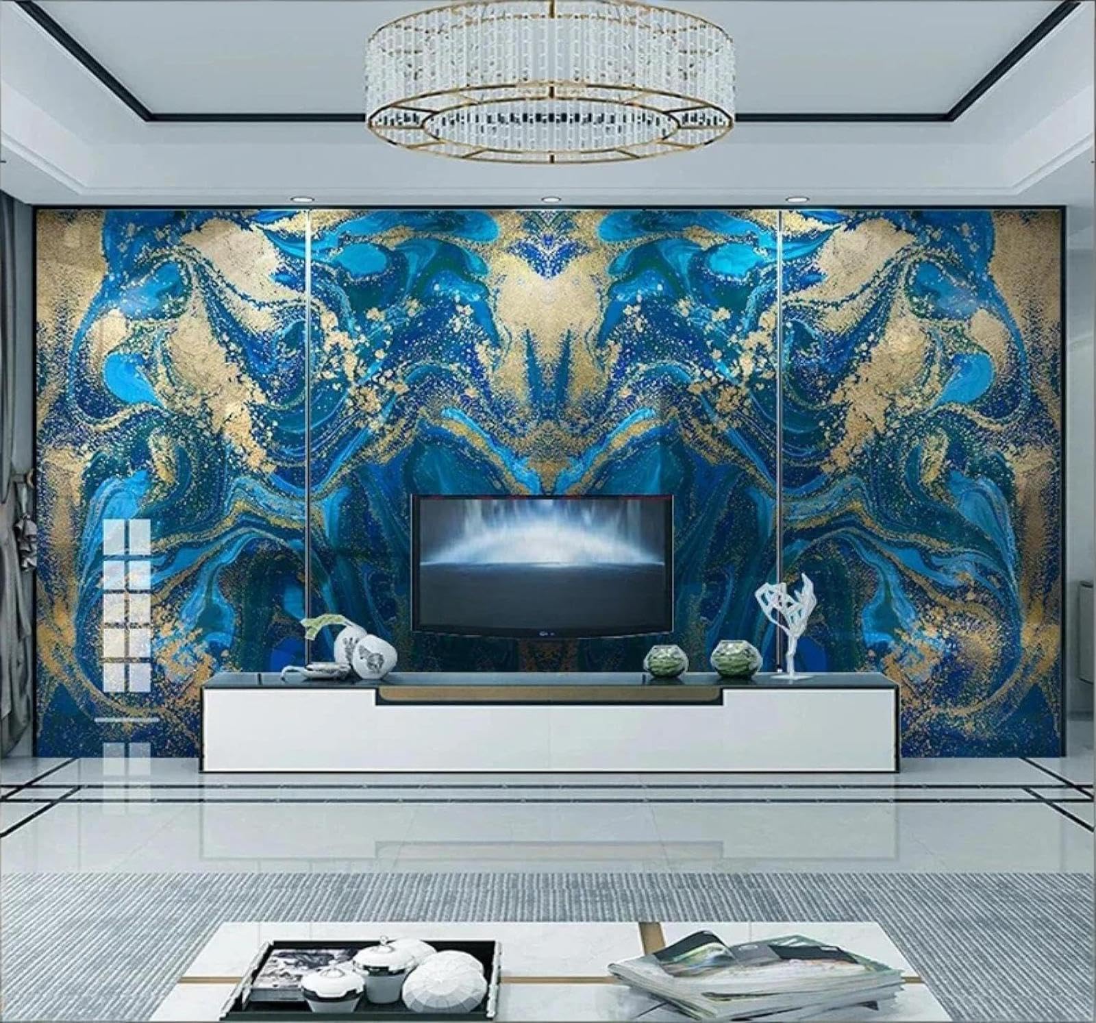 Tzxztt 300Cm×210Cm(B×H) Blue Gold Abstract Marble Effect Texture Modern 3D Wallpaper Premium Textured Silk Neutral Tones Material Ideal For Living Room Bedroom-300Cm×210Cm