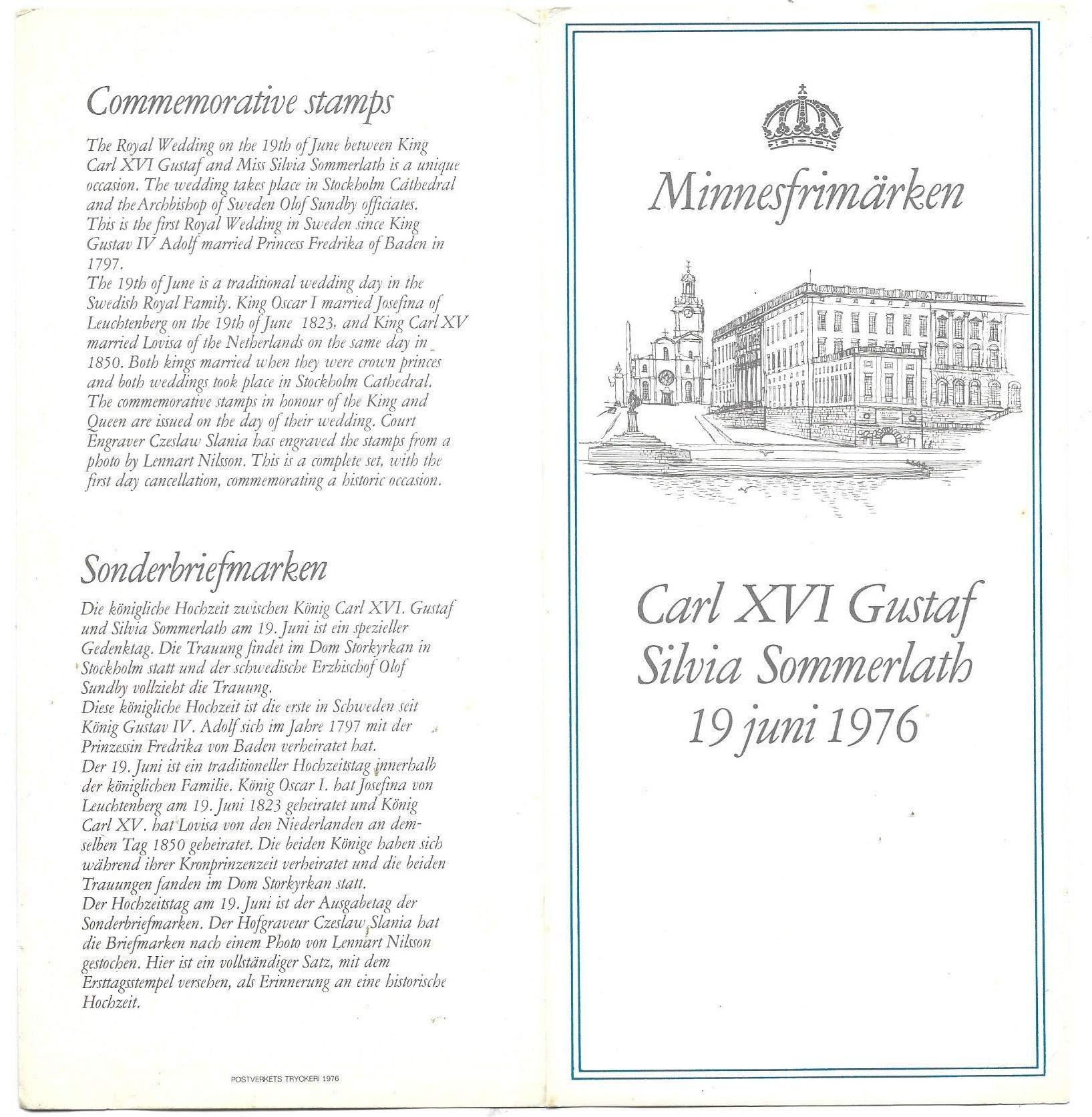 1976 Rare Sweden Carl XVI Gustaf Silvia Sommerlath 4 Stamps Brochure # L