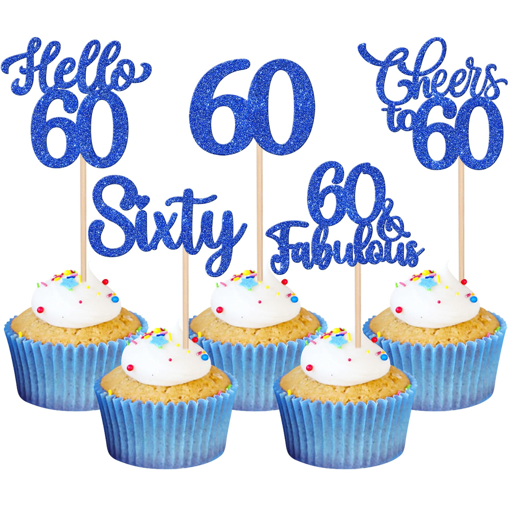 Xsstarmi 30 Pack Happy 60th Birthday Cupcake Toppers Blue Glitter Hello 60 Fabulous Fifty Birthday Cupcake Picks Cheers to 60 Years Cake Decorations for Happy 60th Birthday Party Supplies