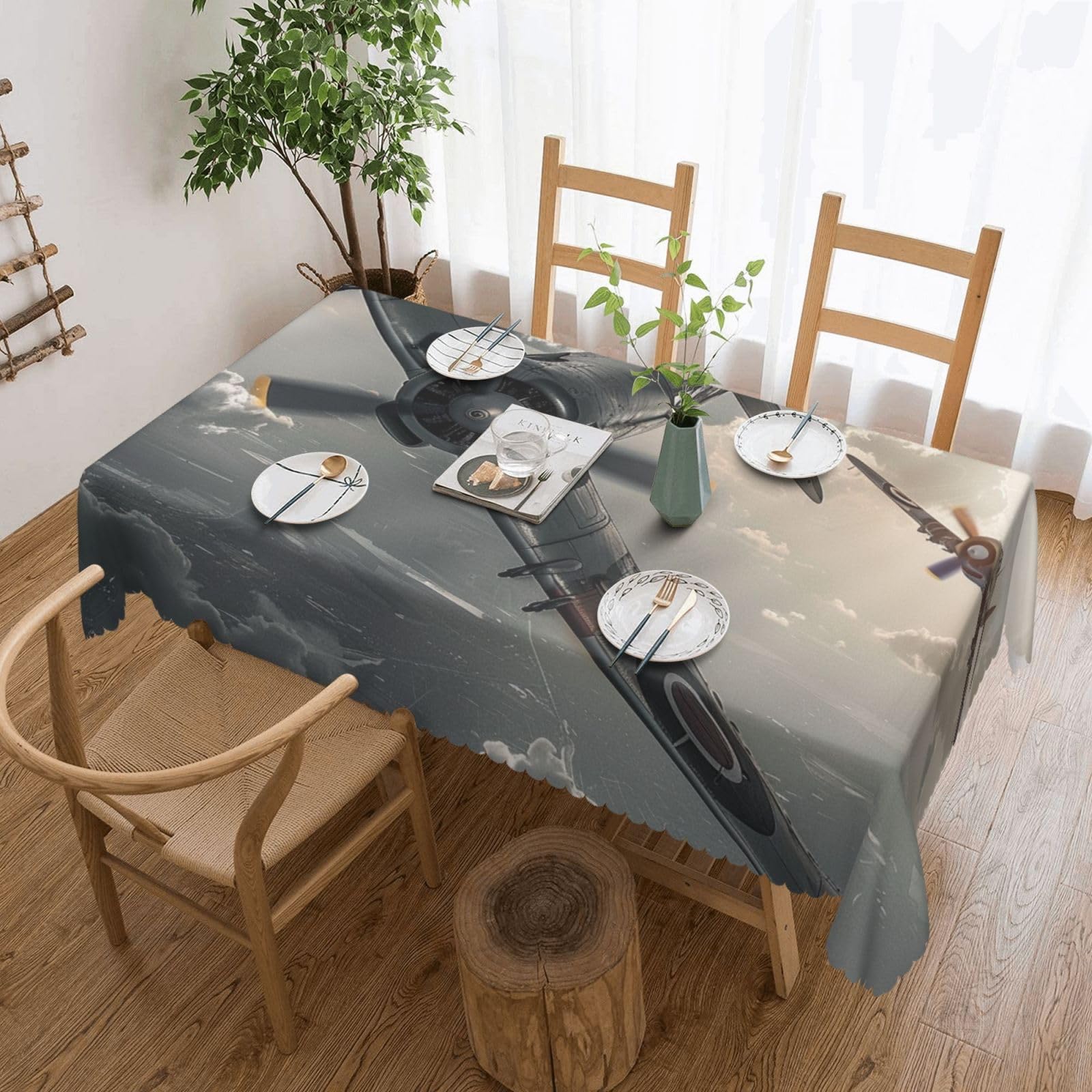 World War 2 Aircraft Airplane Printed Rectangle Tablecloth 72x54 Inch with Lace Trim, Water-Resistant Washable Table Cover for Farmhouse Weddings, Outdoor Picnics & Holiday Dining