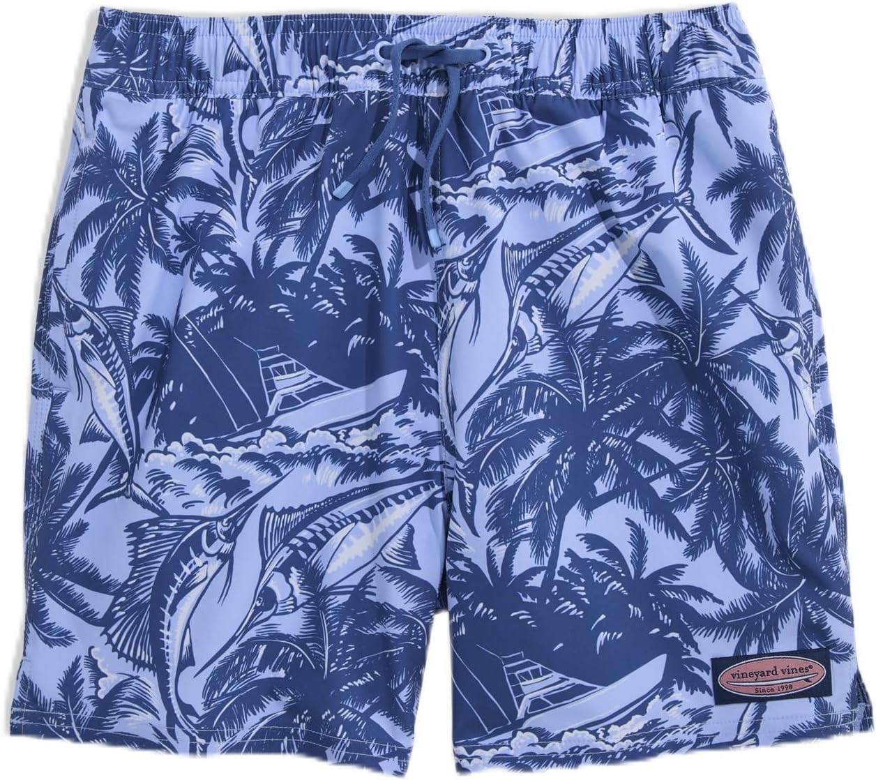 Vineyard Vines Boys' Printed Chappy Swim Trunks, Sportfish Palm-Serenity Blue, XL
