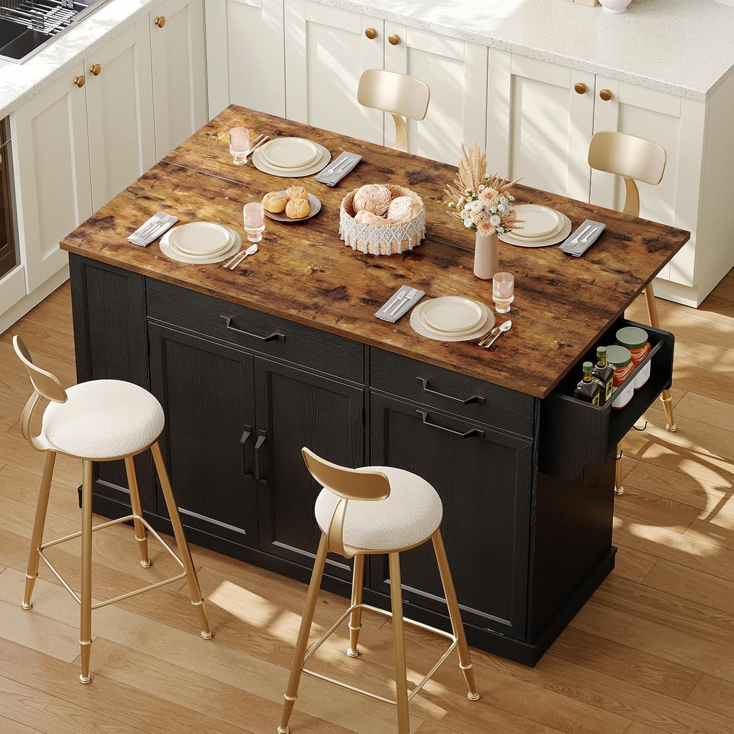 RALGEND Kitchen Island with Power Outlet & Drop Leaf, Rolling Storage Cart with Trash Storage Cabinet, Farmhouse Mobile Island Table for Kitchen, Dining Room, Hidden Casters, Black and Rustic Brown