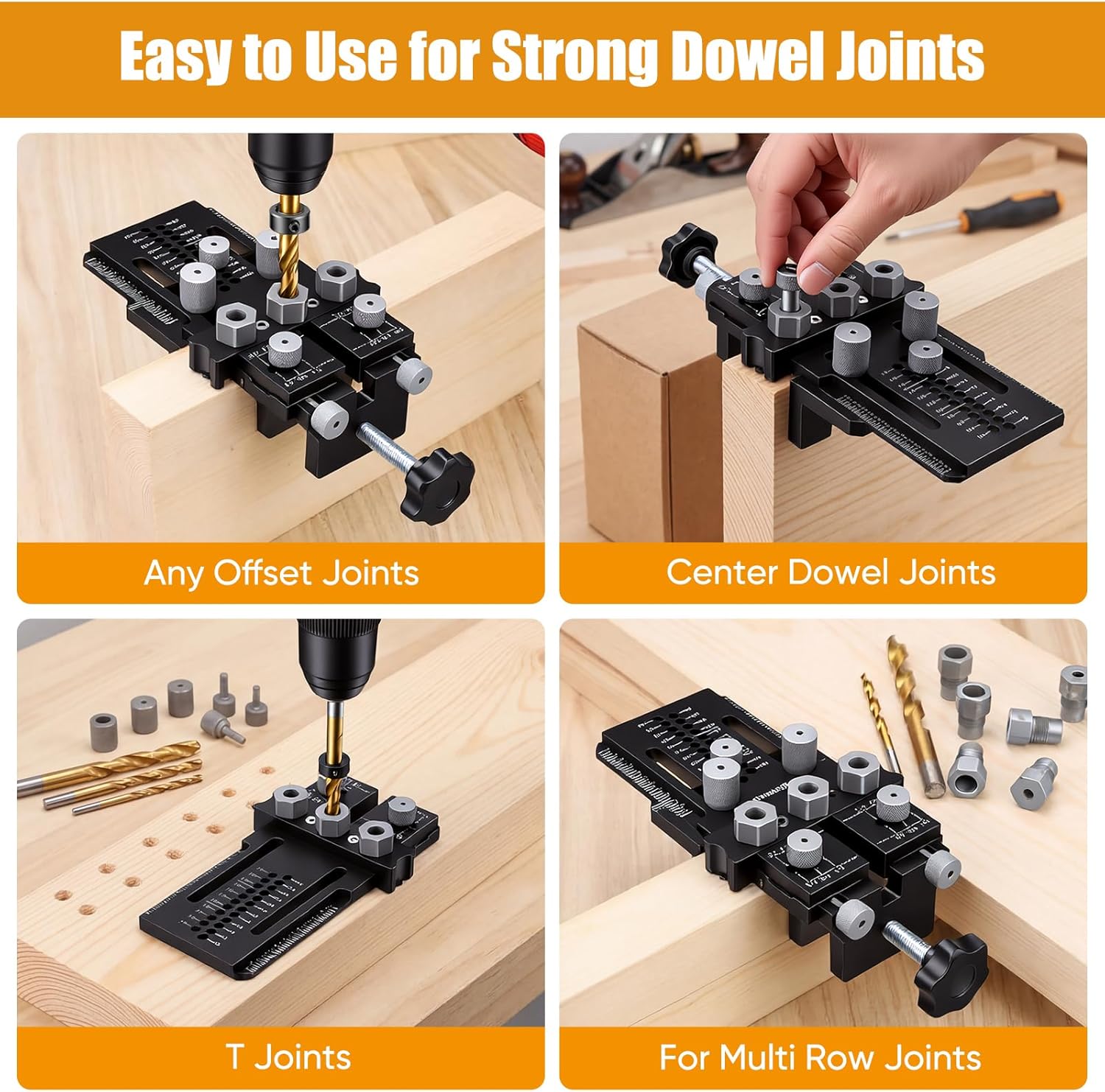 Dowel Jig Kit with Quick Positive Stop & Clamp, Adjustable Doweling Jig for 1/4", 3/8", 1/2" Drill Bits, Accurate Straight Holes for Any Thickness Wood Joints, Cabinet & Furniture