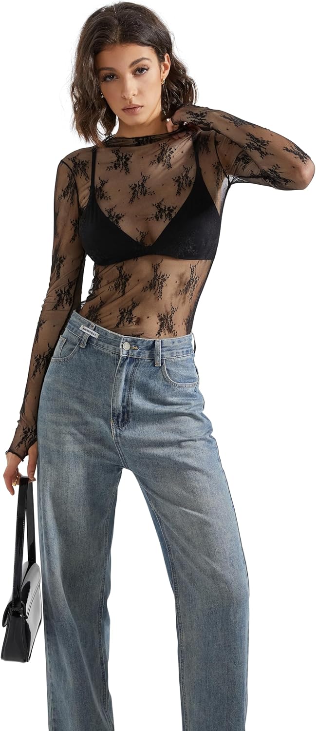 SUUKSESS Women Sexy Mesh Sheer Long Sleeve Tops Mock Neck Going Out Lace Shirts - Image 4