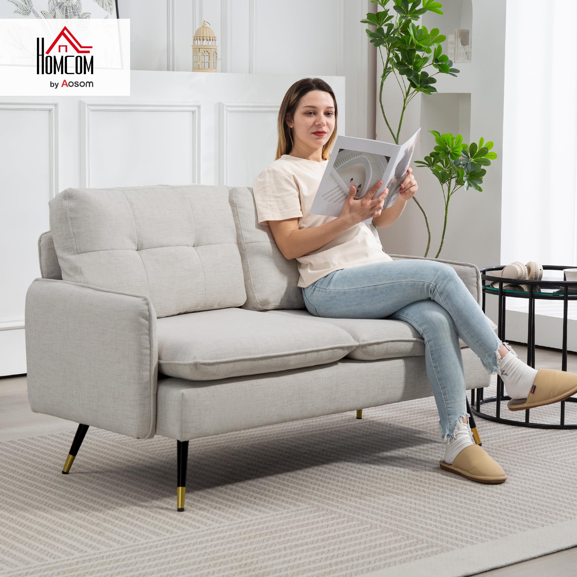 HOMCOM Sofá de 2 Plazas Tapizado en Lino Sofá de Salón 139 cm con Cojines Reposabrazos y Patas de Acero para Dormitorio Oficina Carga 240 kg Crema