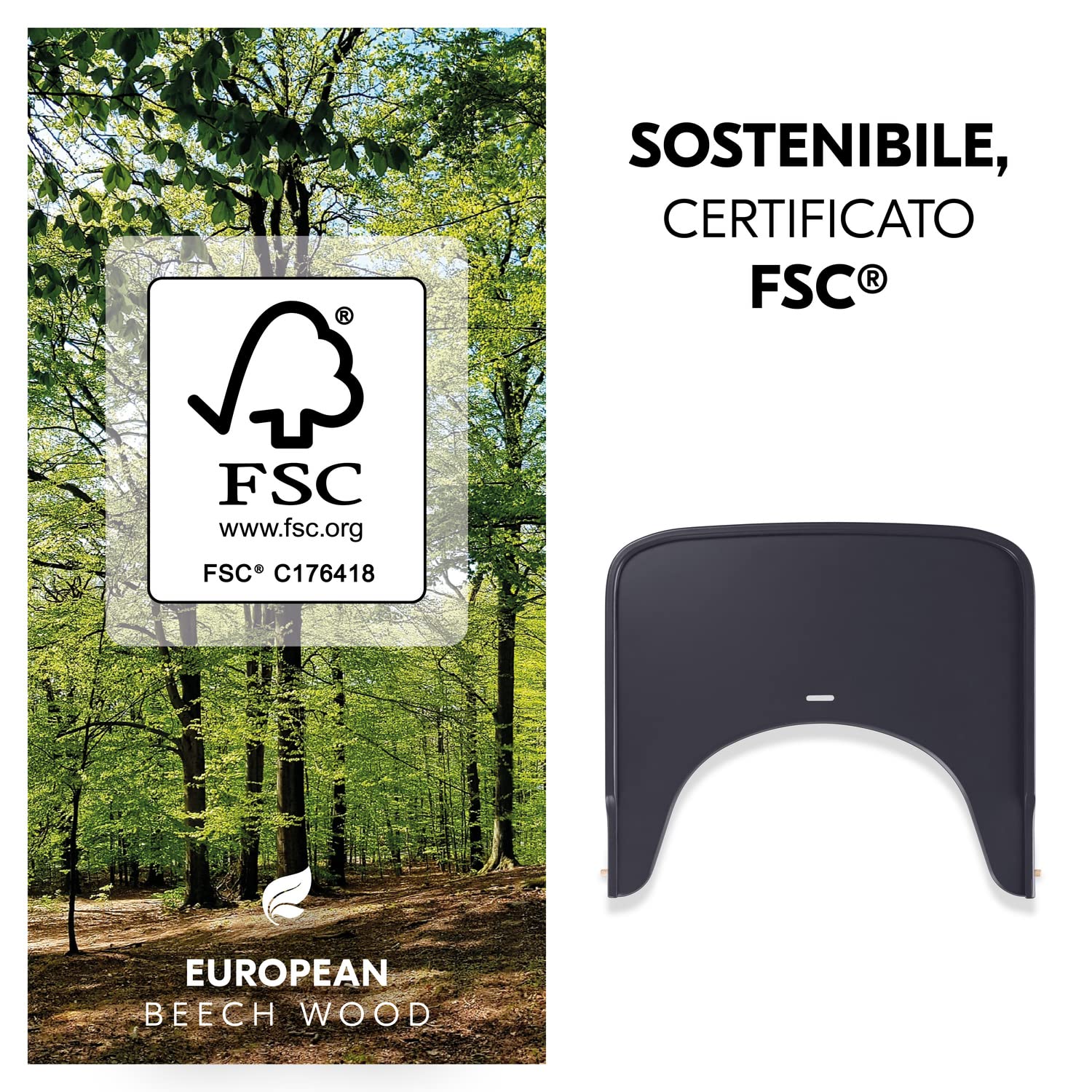 hauck Alpha Wooden Tray, Grigio Scuro - Vassoio in Legno Compatibile con Seggiolone Pappa Alpha+ e Beta+ per Bambini 6-36 Mesi, con Bordo Rialzato e Cert. FSC®