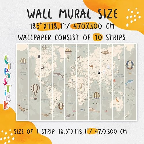 Miniatura 6 de Papel tapiz para niños, mapa del mundo con animales, mural de pared removible para despegar y pegar, para niñas, niños, papel tapiz impermeable,