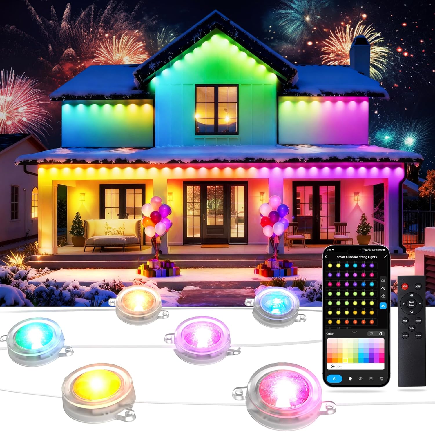 50FT Permanent Outdoor Lights with 30 LED, RGB Color Changing String Lights, IP67 Waterproof Eaves Light with APP & Remote Control, 49 Scene Modes, Music Sync Mode, For Christmas, Halloween, Party