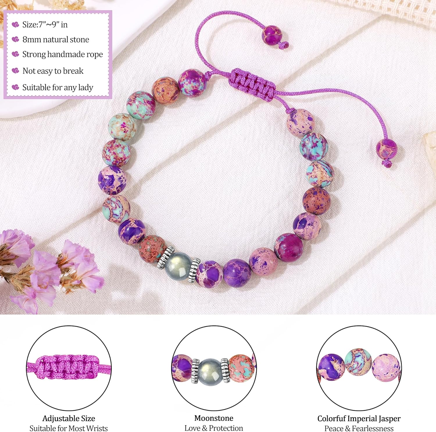 JoycuFF 𝗚𝗶𝗳𝘁𝘀 𝗳𝗼𝗿 𝗪𝗼𝗺𝗲𝗻 𝗠𝗼𝗼𝗻𝘀𝘁𝗼𝗻𝗲 𝗕𝗿𝗮𝗰𝗲𝗹𝗲𝘁 Colorful Imperial Jasper Natural Stone Bracelets Valentines Day Birthday Gifts for Her Daughter Granddaughter Sister Niece - Image 3