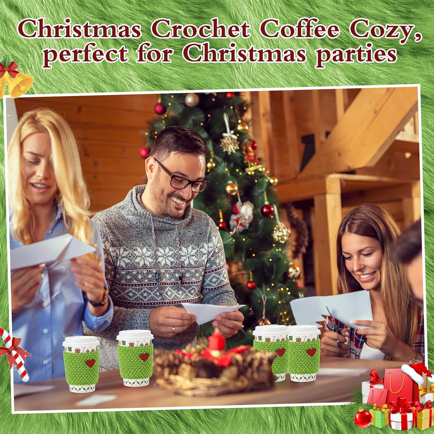Qinyoung 12 Set Christmas Crochet Coffee Gifts Set Green Reusable Cozy Knitted Cup Warmer Sleeve with Red Coffee Greeting Gift Card Holders for Women Men Teachers Appreciation Christmas Party Favors