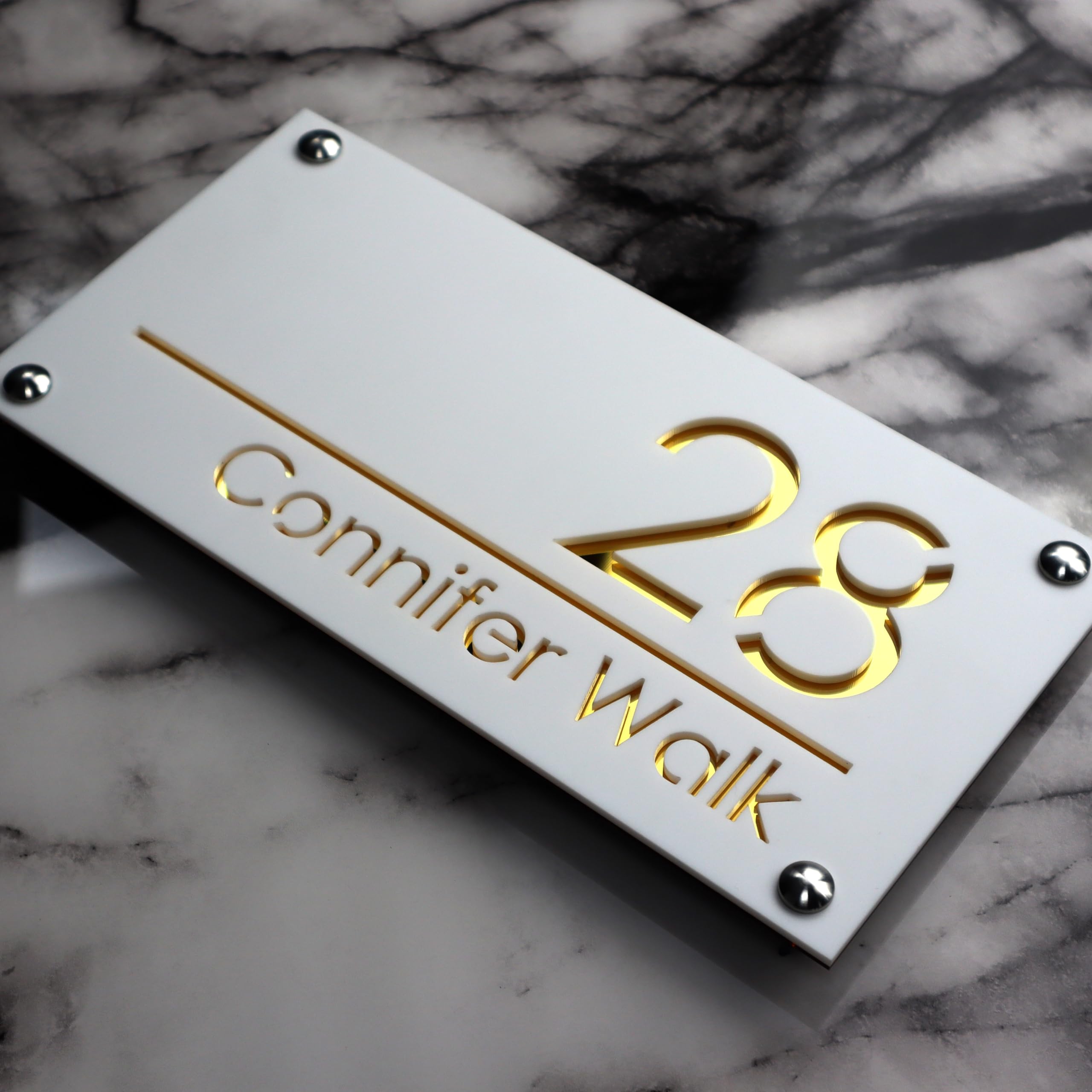 K SMART SIGN | LUXE H1 | House sign door number laser personalised address wall plaques numbers Signs (Matt White & Gold Mirror)