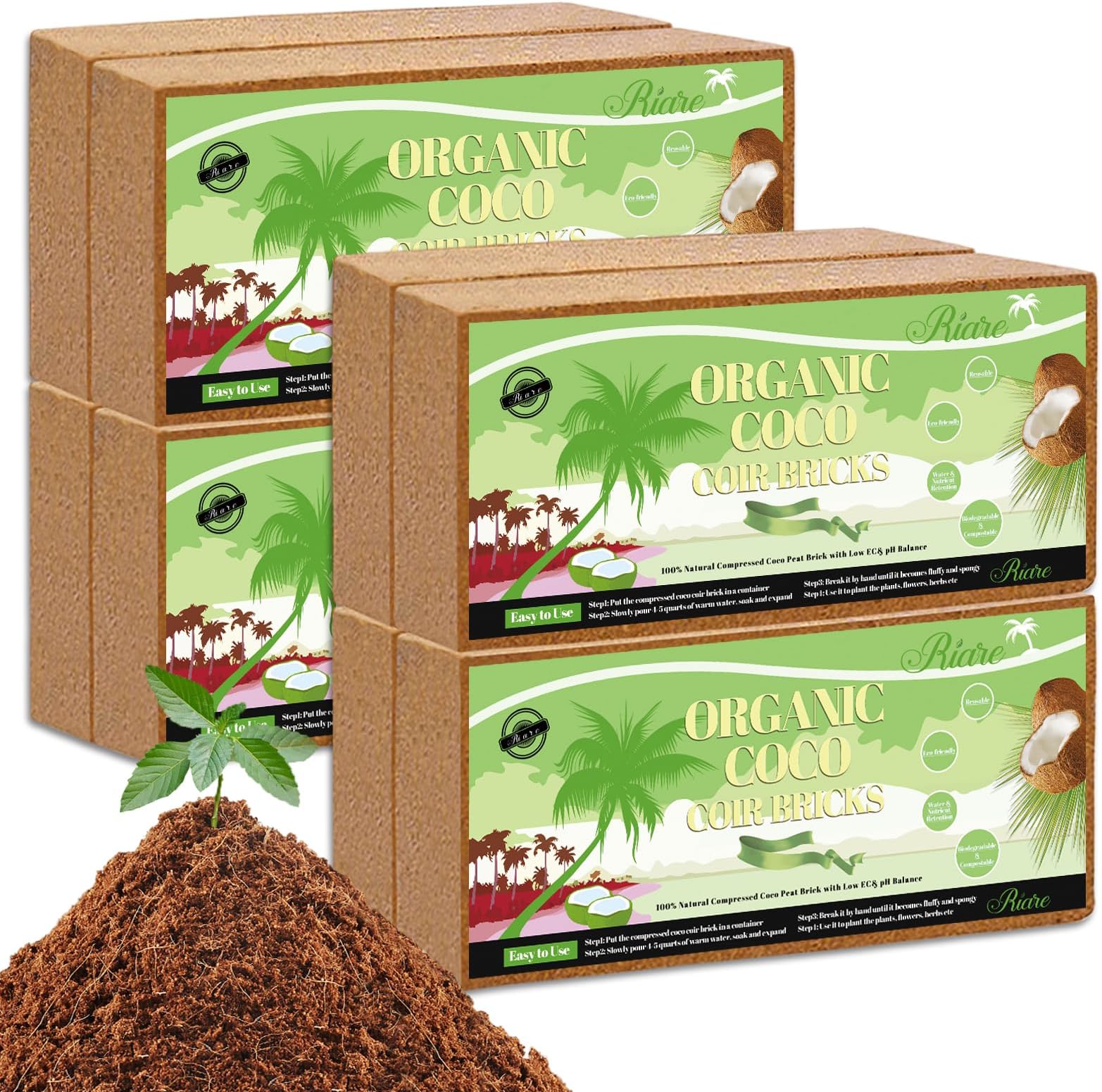 Riare 8 x 650g Organic Coco Coir Bricks - 100% Natural Compressed Coco Brick Coco Soil Potting Mix Coconut Fiber Growing Multi Purpose Substrate for Garden Potting Outdoor Indoor Plants