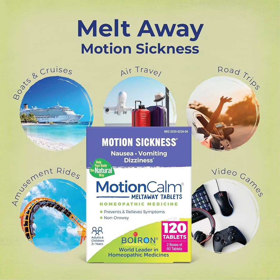 Boiron MotionCalm Relief for Nausea, Vomiting, or Dizziness from Motion Sickness, Carsickness, Seasickness, Amusement Rides, and Video Games or VR - Non-Drowsy - 120 Count (2 Pack of 60) - image 7
