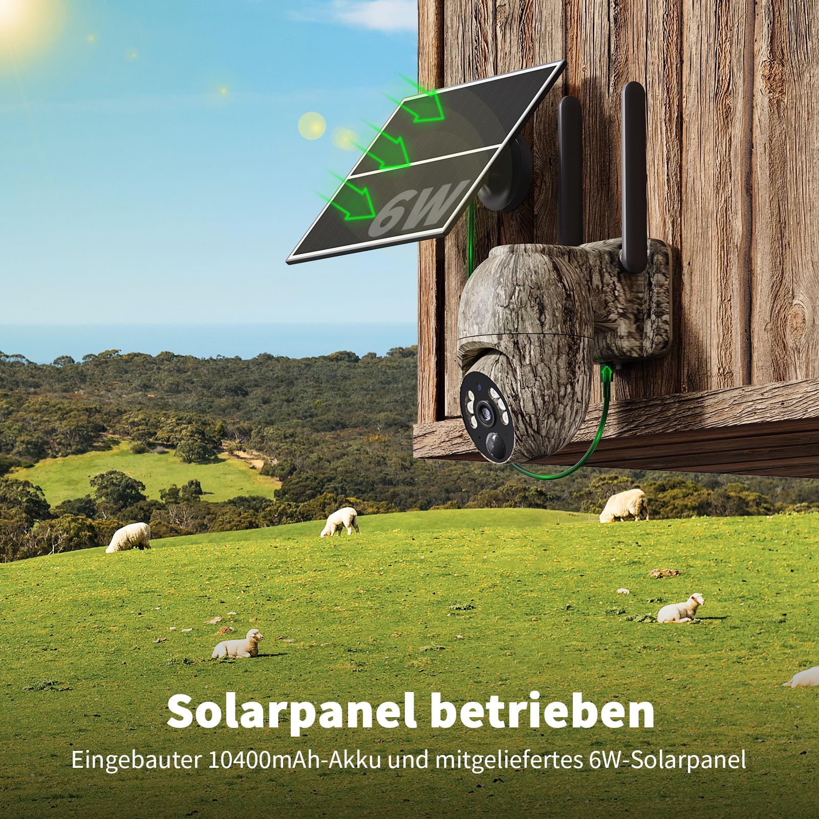 4G LTE Wildkamera mit SIM Karte, 2K Solar Wildtierkamera mit Handyübertragung App, Kabellos Überwachungskamera Aussen Akku mit Farbnachtsicht, PIR-Erkennung, 2-Weg-Audio, IP66 Wasserdicht