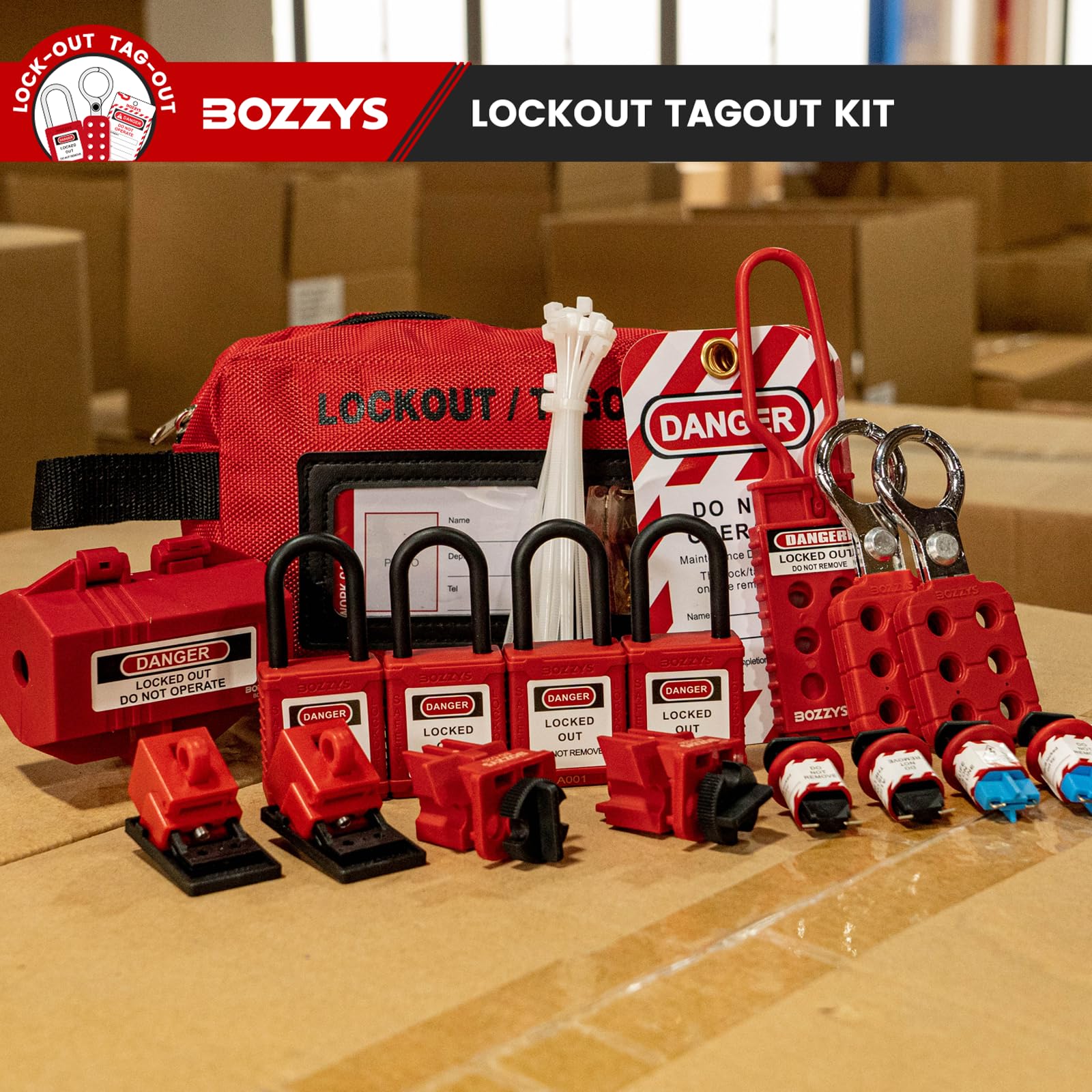Lockout-Tagout-Set, Loto Schlösser für Unterbrecher, Aussperr-Tagout-Kits, elektrisch, OSHA-konform (BD-ZTI KIT3-27er-Pack)