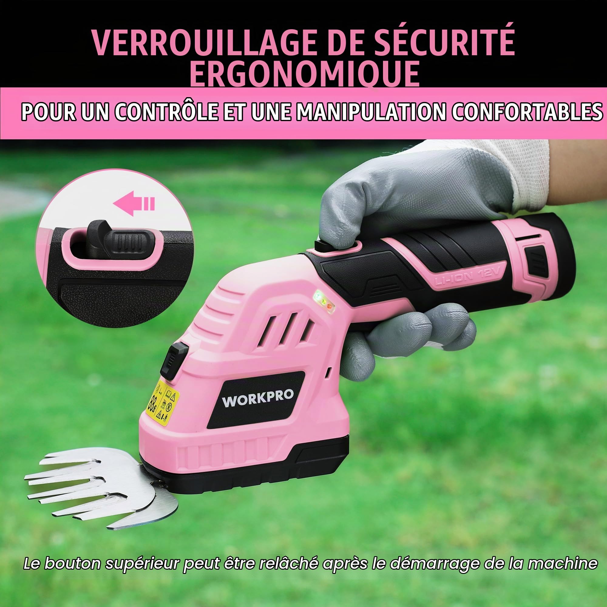 WORKPRO Cisaille Sculpte-Haie Electrique, Taille-Herbes sans Fil 12V | Cisaille à Gazon Batterie 2000mAh avec 2 Lames, Taille Haie Léger pour Coupe, Elagage, Noir & Rose