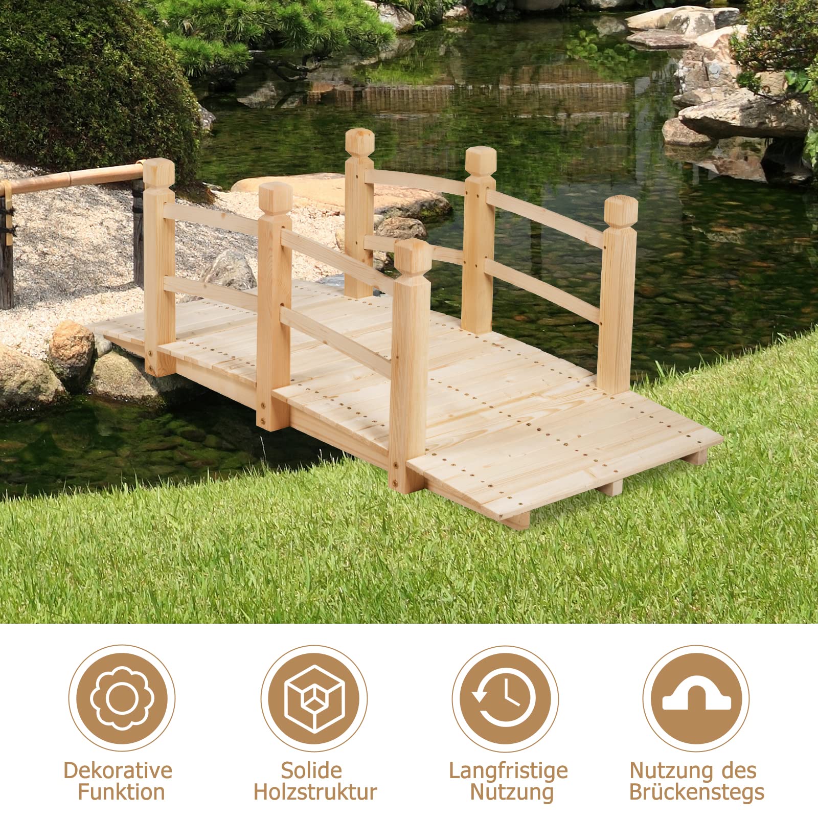 RELAX4LIFE Puente de Madera con Barandilla, Puente CE Jardín, Madera CE Abeto, Puente para Estanque, Carga 100 kg, Puente Decorativo Estable y Duradero, 150 x 67 x 55 cm (Natural)
