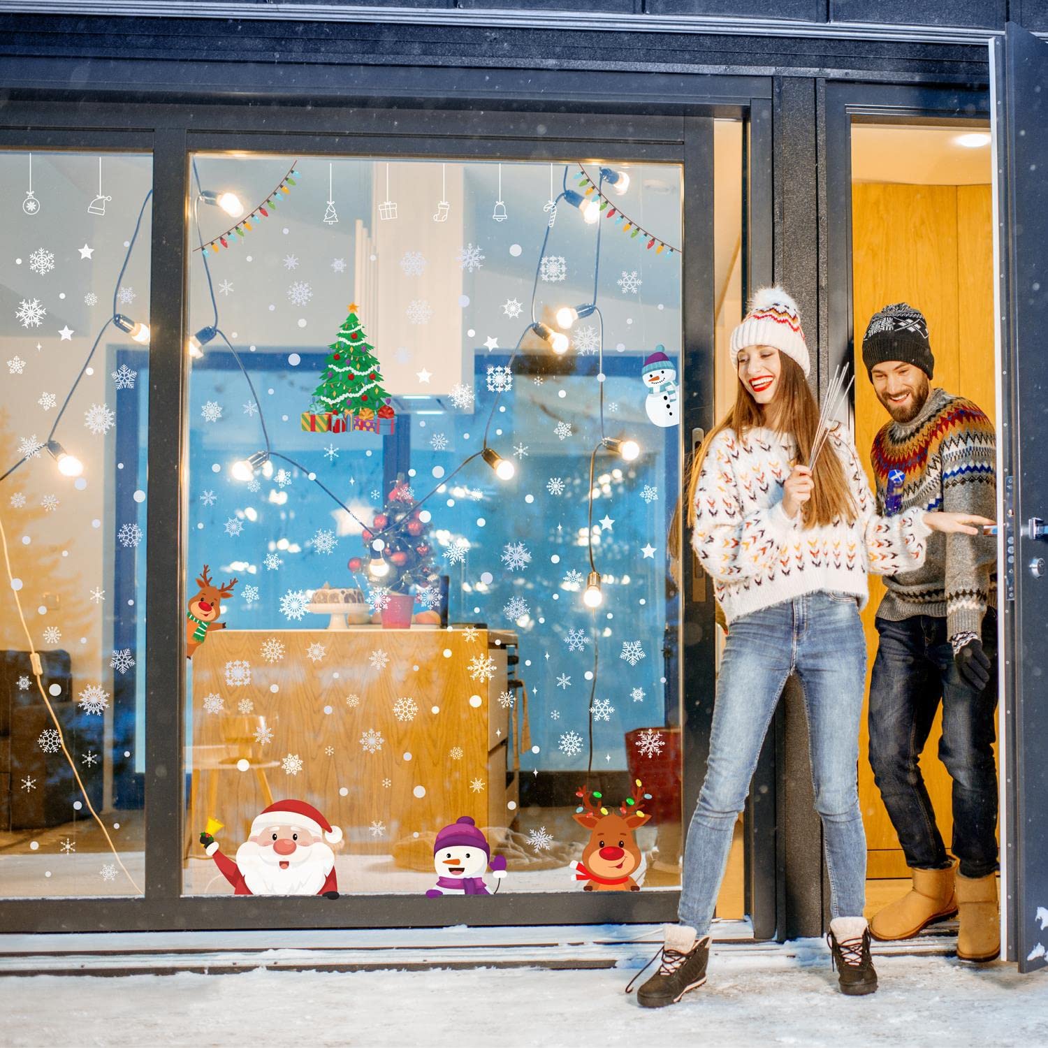WALPLUS Christmas Window Stickers Clings Xmas Decoration Reusable Double-Sided Print Decals for Glass Living Room Windows Display Xmas Friends with Snowflakes 190 Pieces - Image 2