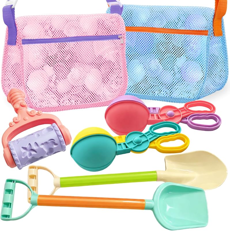 7 Piece Kids Travel Beach Toys, Sand Toys, Snowball Maker | 2pcs beach toy bag with adjustable shoulder straps-2pcs sand maker, detachable beach shovels for kids & sand molds for beach