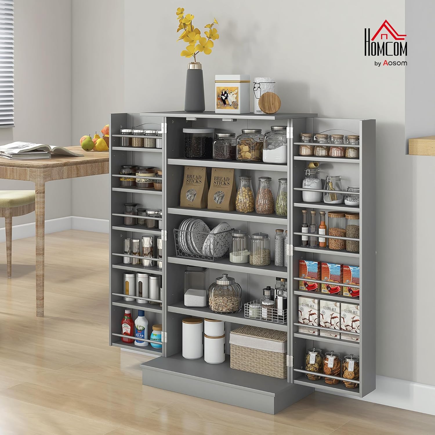 HOMCOM 41" Kitchen Pantry Storage Cabinet, Freestanding Kitchen Cabinet with 12 Door Shelves, Double Doors, 5-Tier Shelving and Adjustable Shelves, Gray