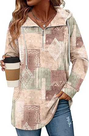 onlypuff Women Hoodie Pullover Trendy Quarter Zipper Lapel Sweatshirts Drawstring Cute Hooded Tunic Tops with Side Pockets