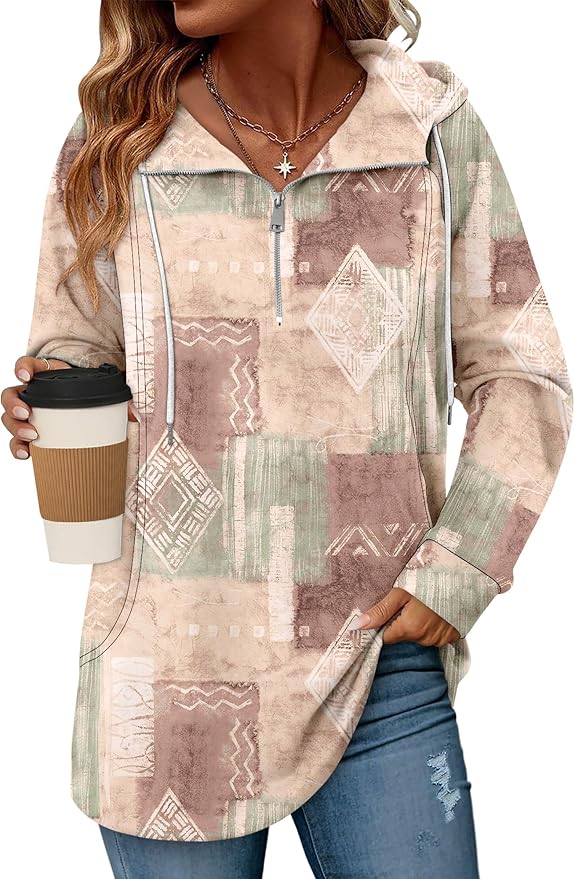 onlypuff Women Hoodie Pullover Trendy Quarter Zipper Lapel Sweatshirts Drawstring Cute Hooded Tunic Tops with Side Pockets