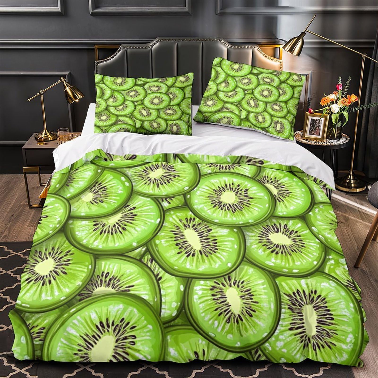 Housse de couette kiwi 3D en microfibre 135x200cm pour lit simple avec 2 taies