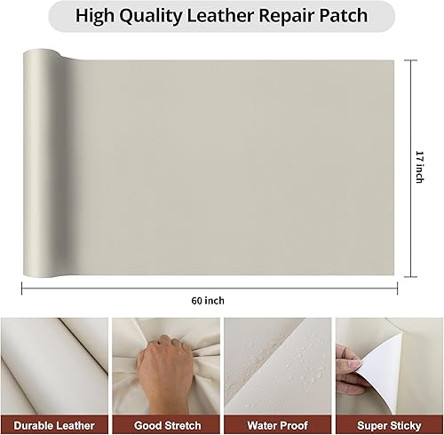 Miniatura 20 de Parche de reparación de cuero, cinta de reparación de cuero autoadhesiva de 17 x 60 pulgadas, parches de cuero grandes para sofás, muebles, asientos